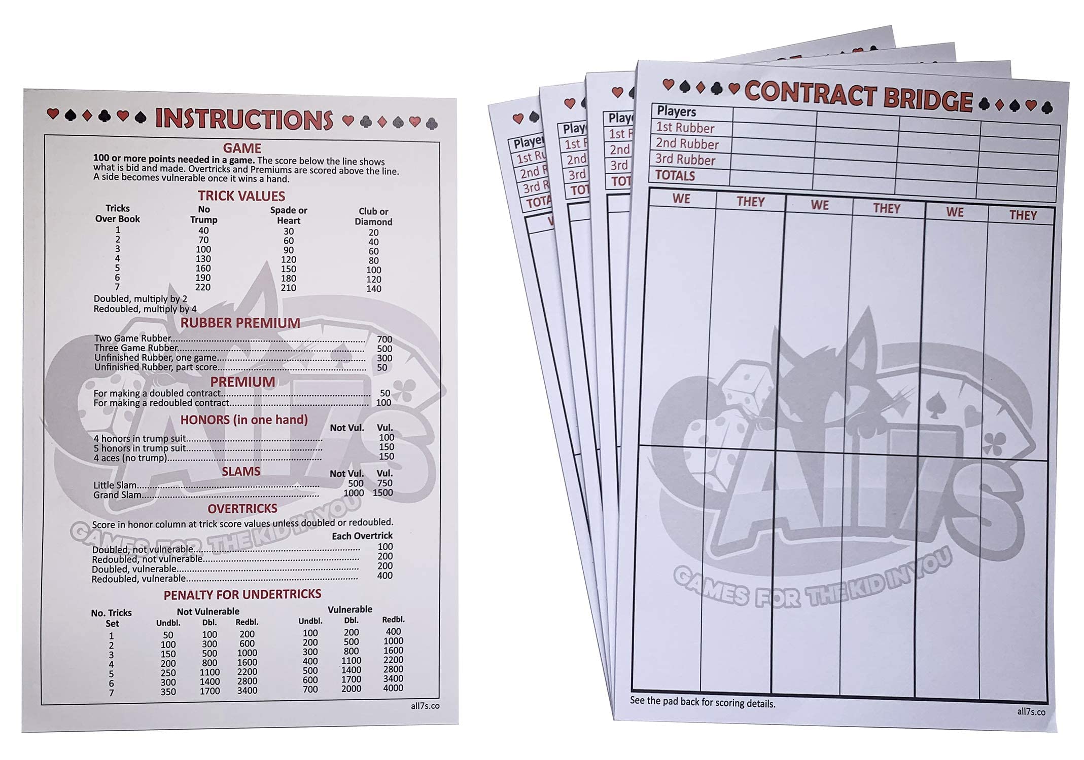 All7S Premium Contract Bridge Score Pad With Game Instructions, Set Of 5 Pads (250 Sheets)