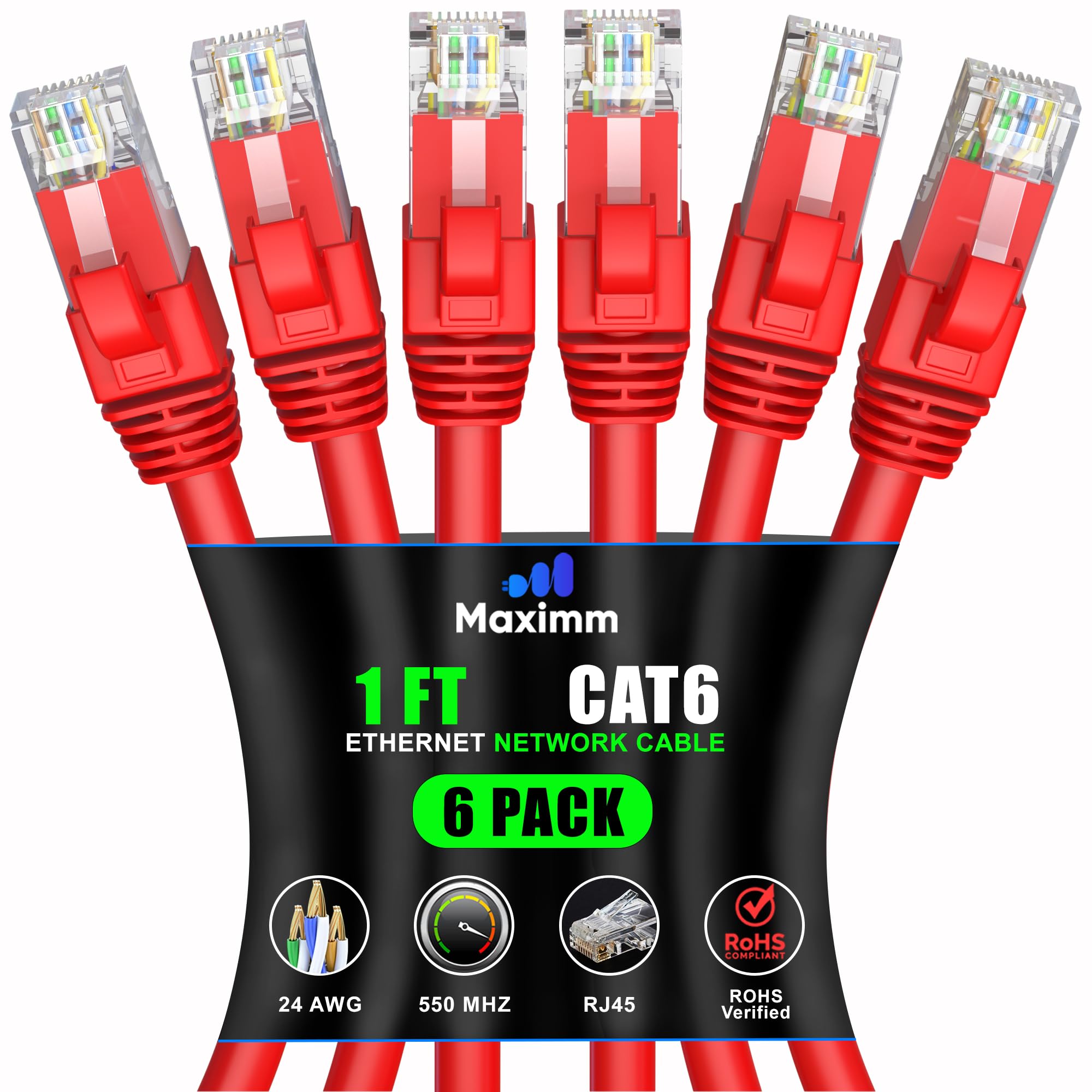 Maximm Cat 6 Ethernet Cable 1 Ft (6 Pack)   High Speed Lan Cable, Internet Cable, Patch Cable, And Network Cable   Utp, 10Gbps, 550Mhz Ethernet Cord   Red