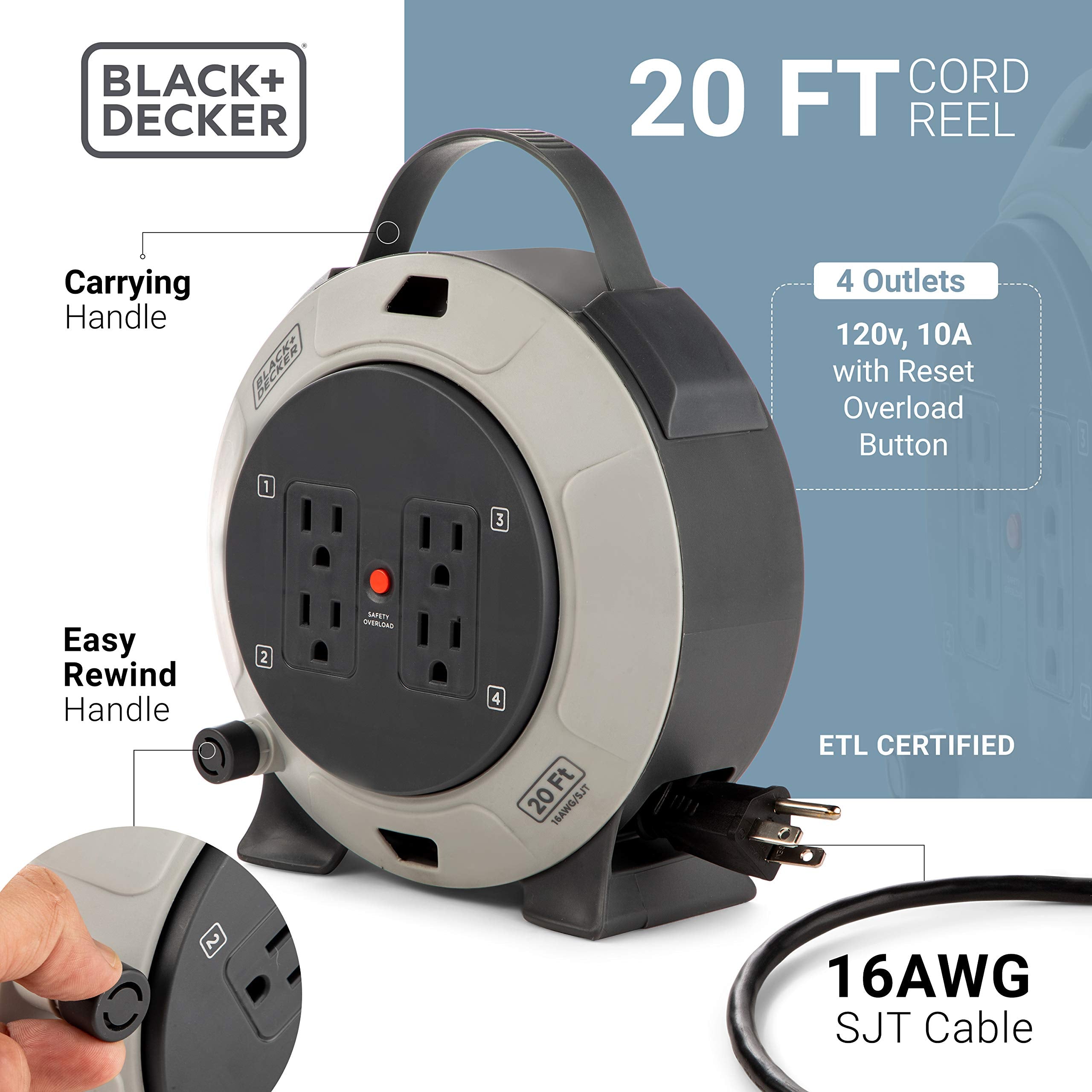 Black+Decker Retractable Extension Cord Reel 20 Ft. With 4 Outlets, Multi Plug Extension, Thermal Breaker Reset Button & Heavy D
