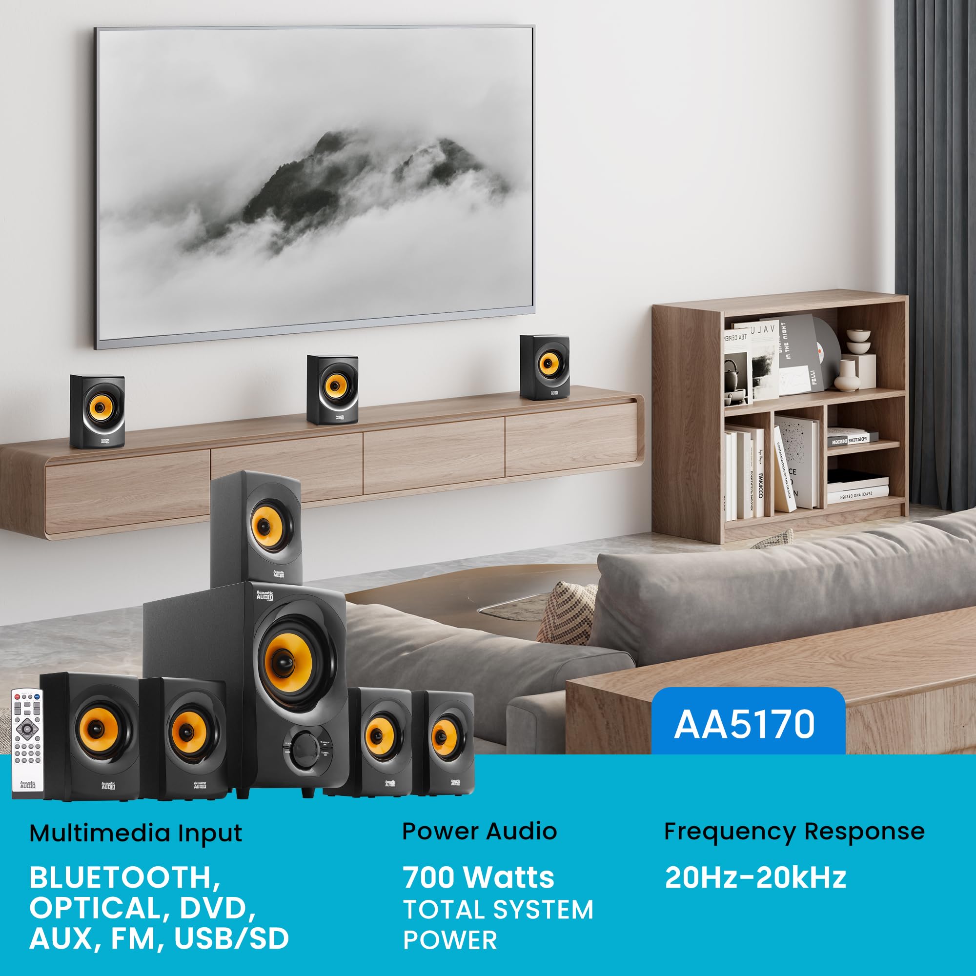 Acoustic Audio Aa5170 Home Theater 5.1 Bluetooth Speaker System 700W With Powered Sub