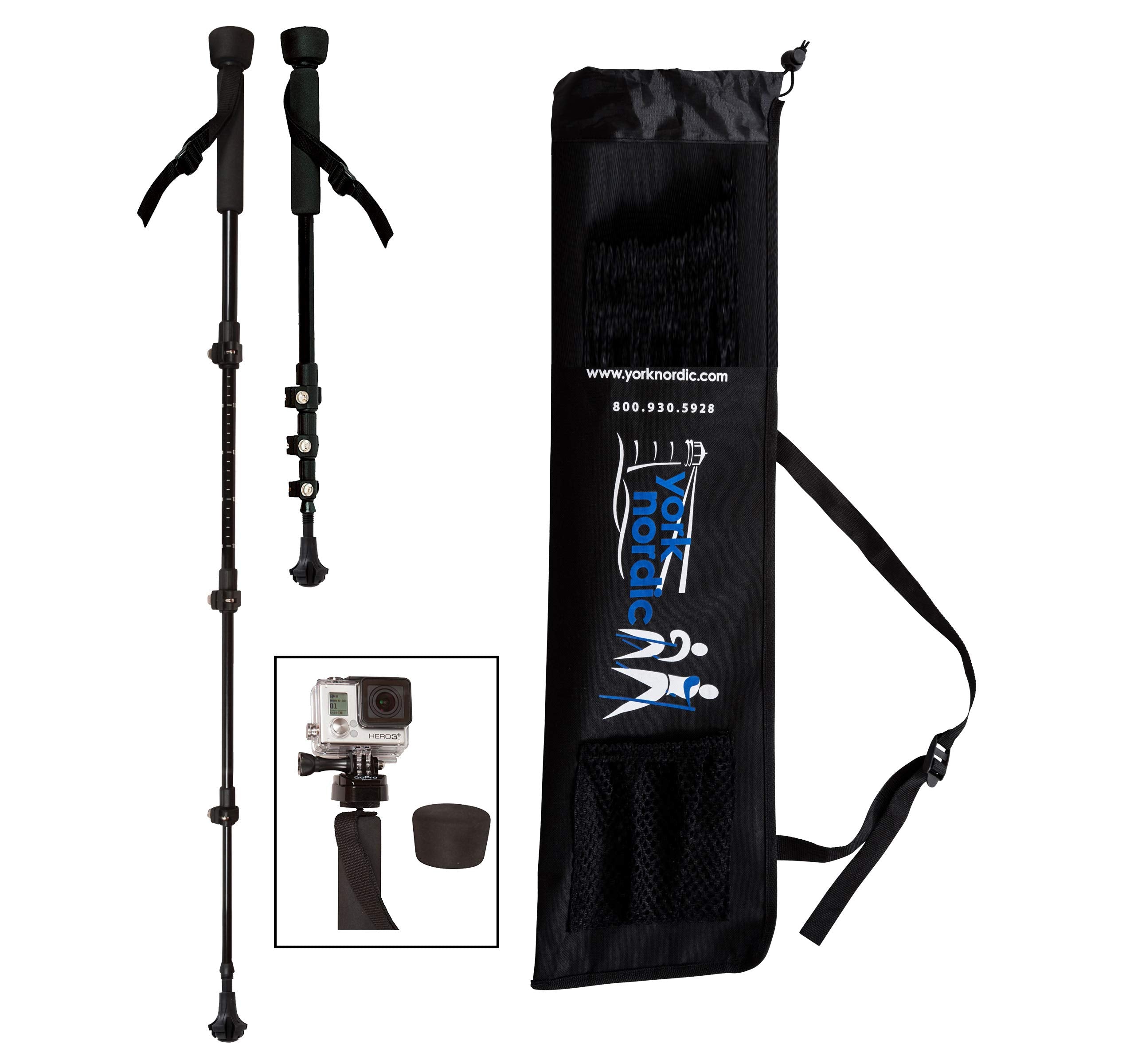 York Nordic Pro Collapsible 4 Piece Trekking/Walking Poles   Pair Of Monopod Poles W/3 Flip Locks, Detachable Rubber Feet, And G
