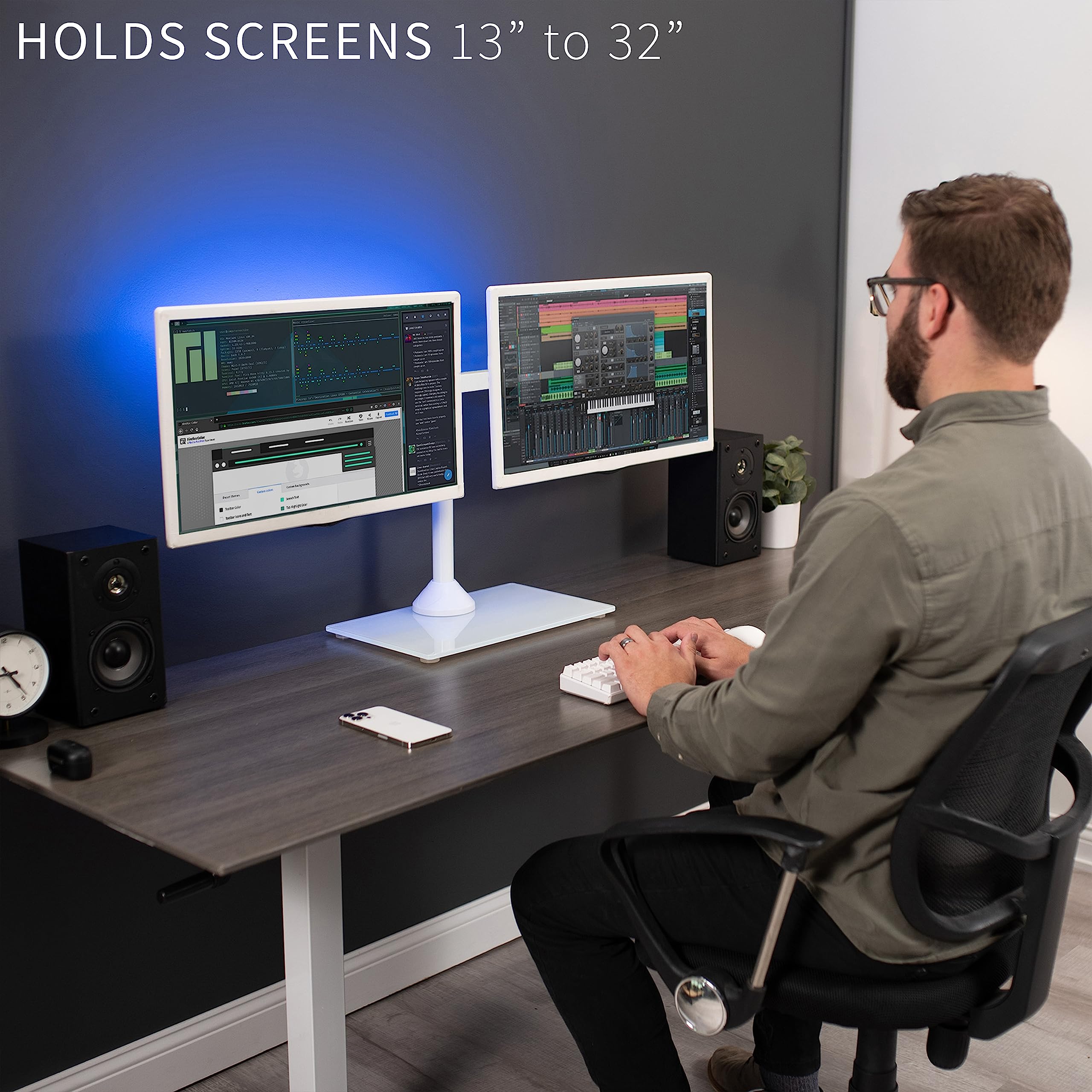 VIVO Freestanding Dual Monitor Stand with Sleek Glass Base and Adjustable Arms, Mounts 2 Screens up to 32 inch and 22 lbs Each, White, STAND V002FGW