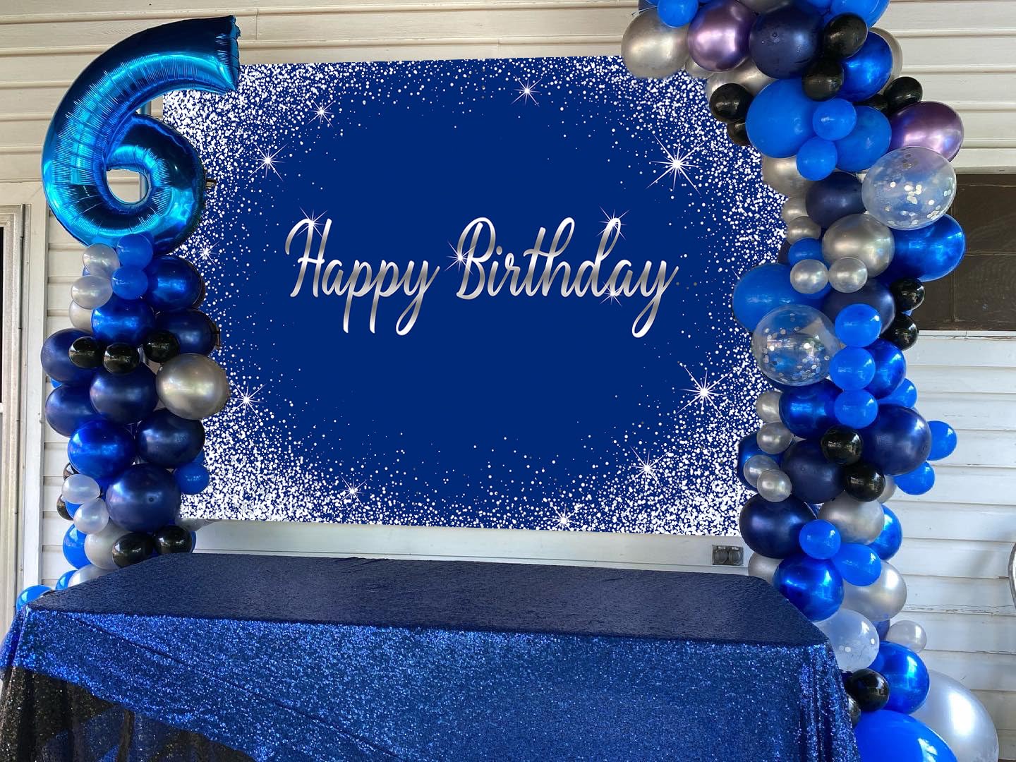 Royal Blue Happy Birthday Backdrop 7X5Ft Glitter Blue Silver Dot Photography Background Birthday Party Decoration Banner Cake Ta