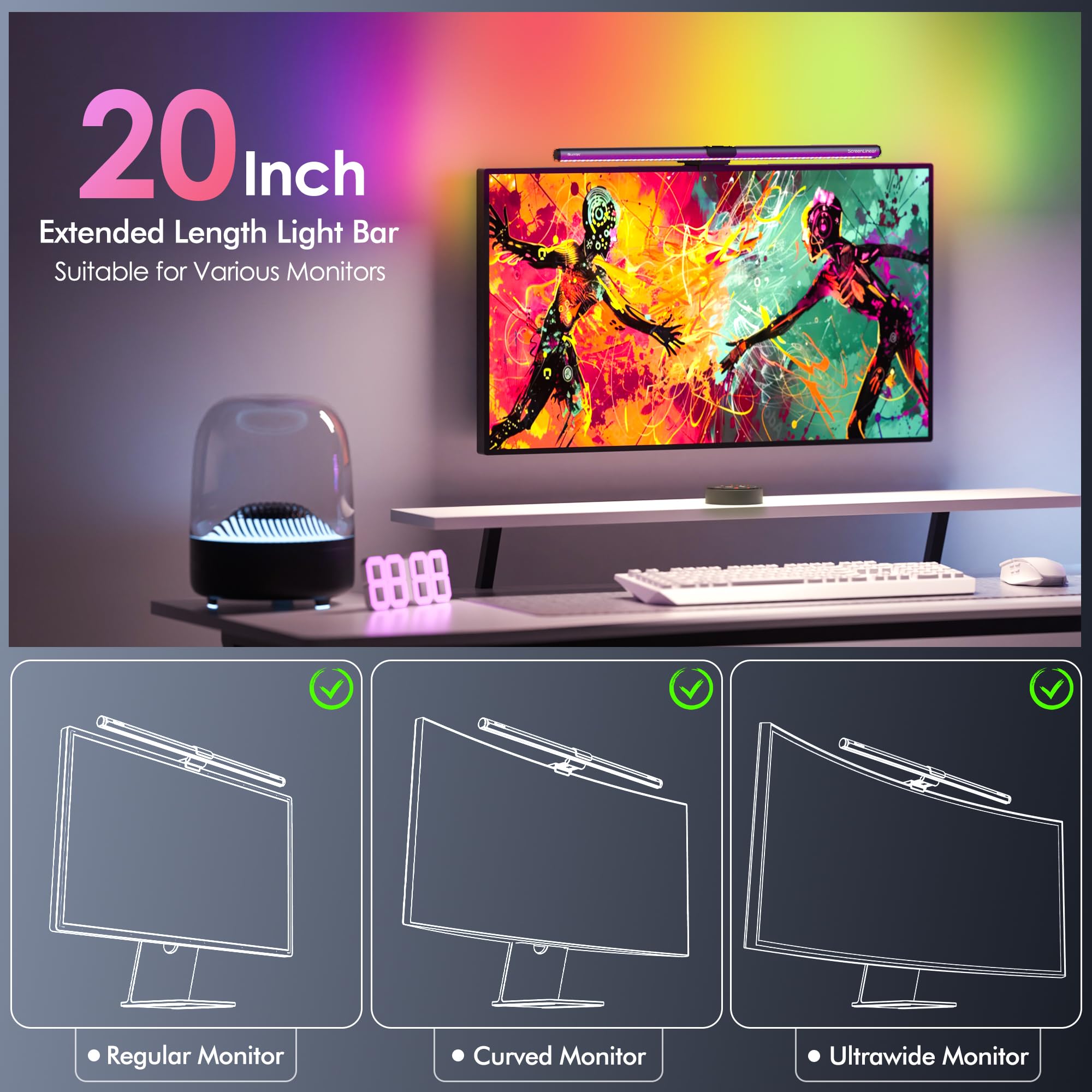Quntis RGB Pro+ Monitor Light Bar, 20" USB Eye-Care Lamp, Multicolor, 15 Modes, Dimmable Brightness, Aluminum, Model LI-HY-0212