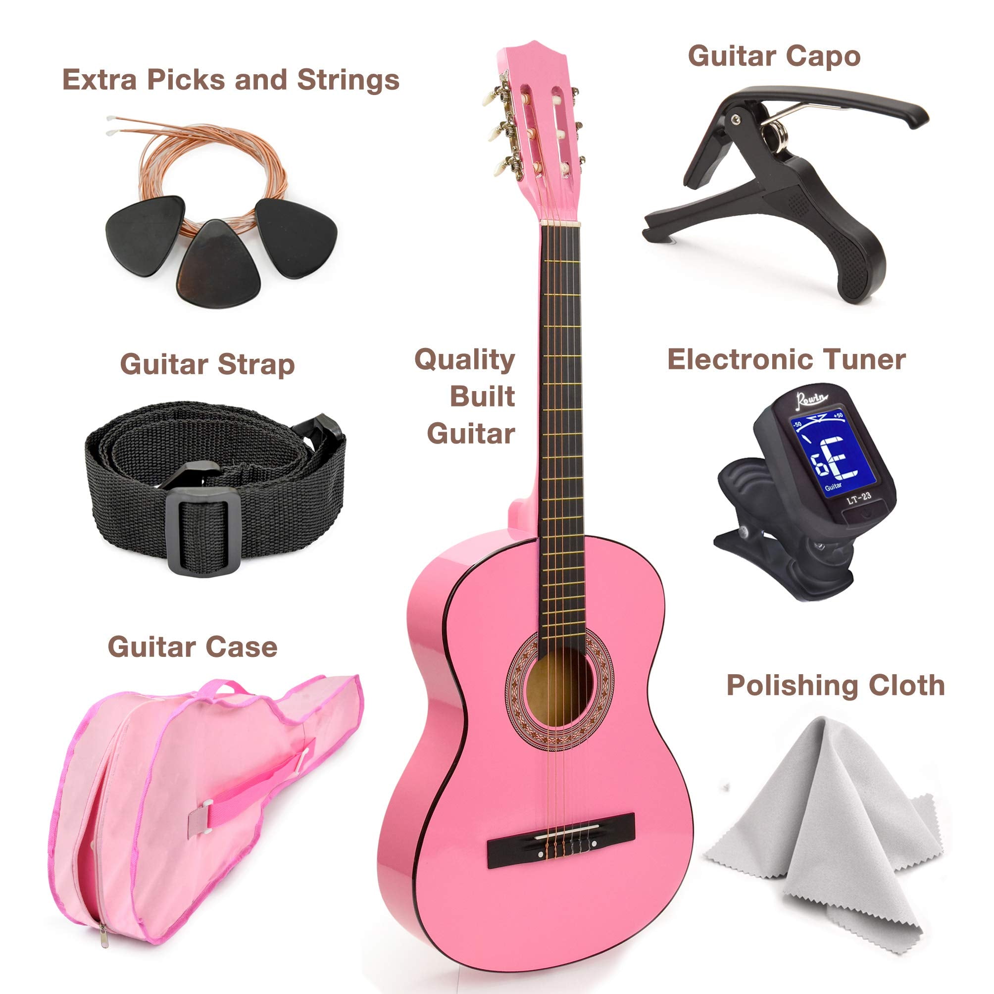30'' Wood Classical Guitar With Case And Accessories For Kids/Girls/Boys/Beginners (Pink)