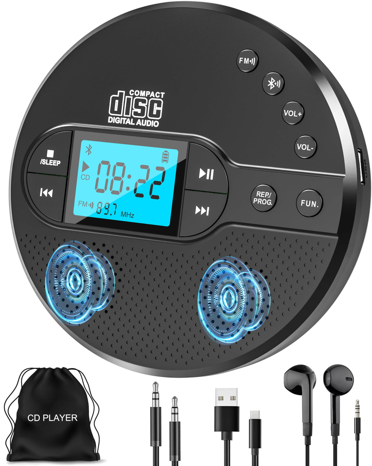 Sunoony Portable Cd Player With Bluetooth, Cd Player With Fm Transmitter And Speakers For Car, Rechargeable Cd Player With Anti 