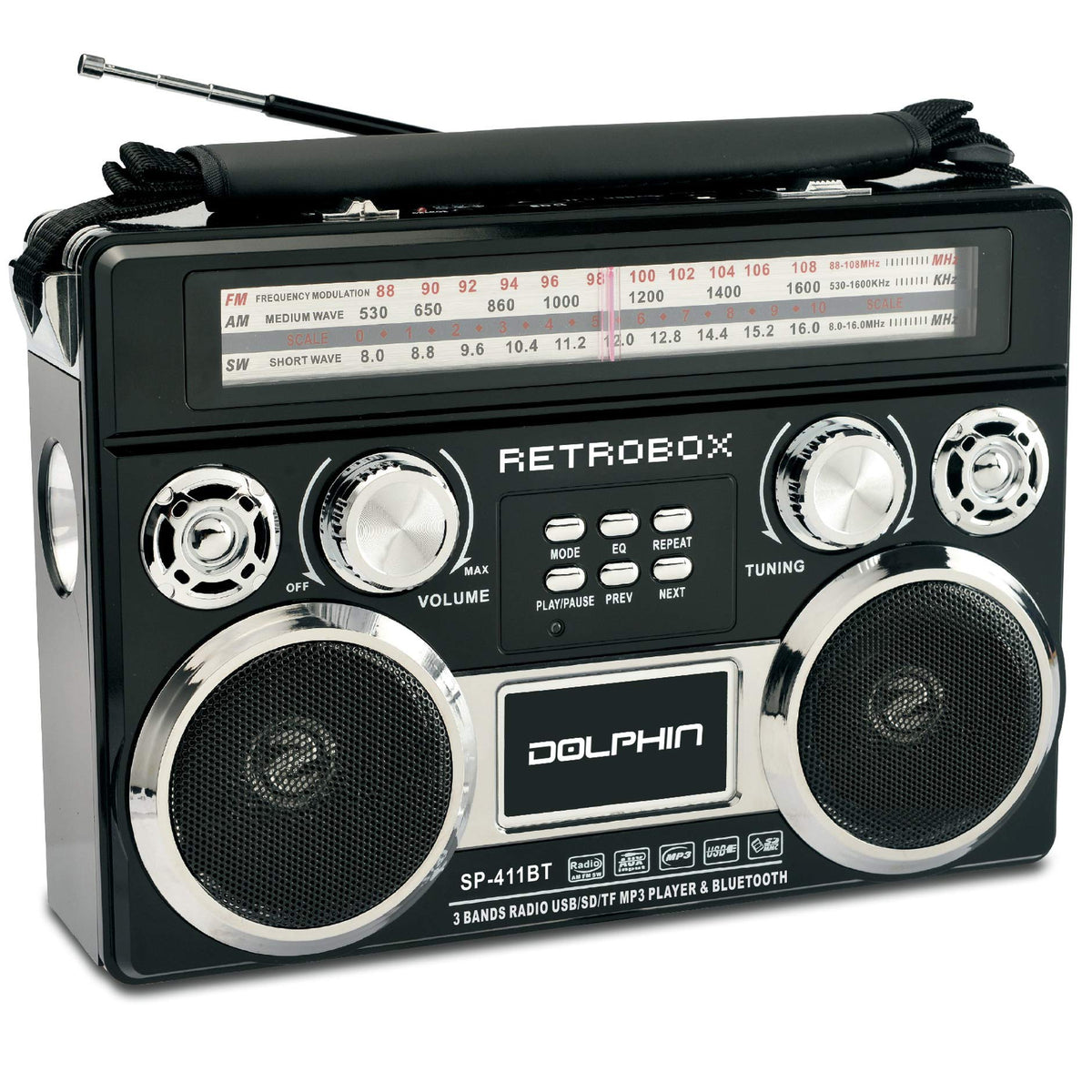 Dolphin Retrobox Portable Bluetooth Am/Fm Radio (Black)