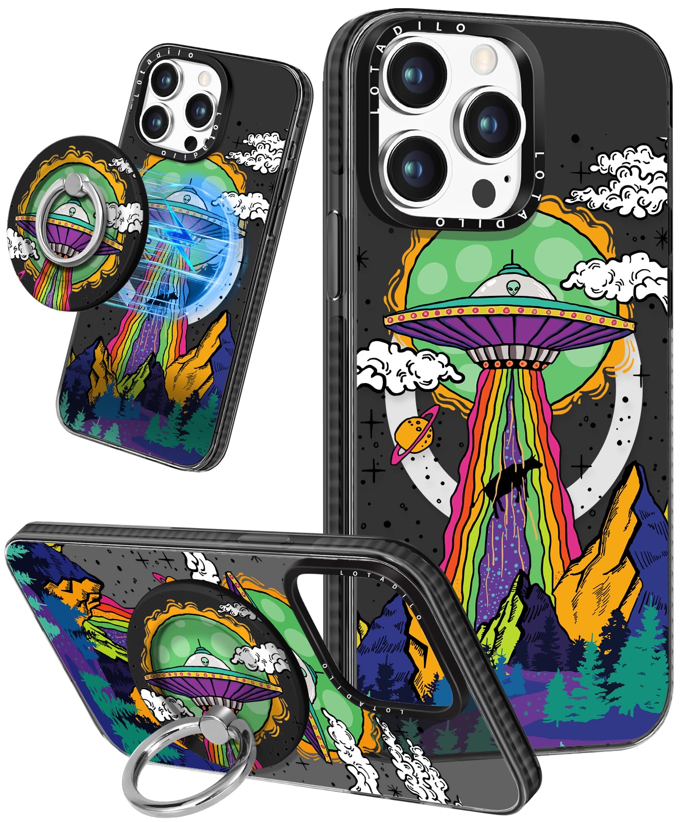 Lotadilo for iPhone 13 Pro Case for Women Girls - Cute Design Compatible with Magsafe Magnetic Ring Holder Stand UFO Alien Aesth