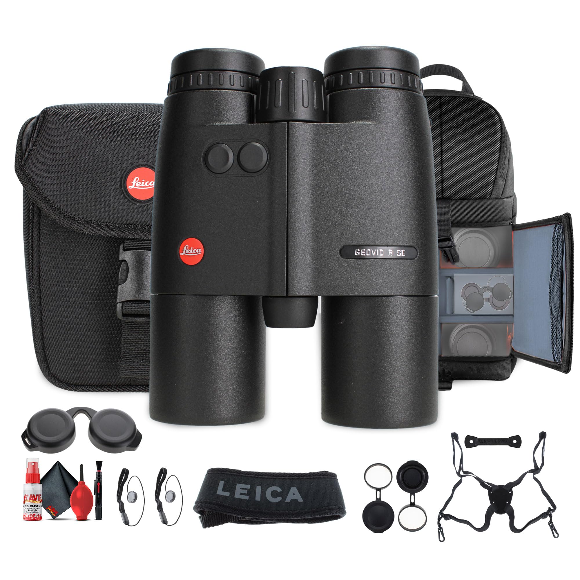 Leica Geovid R SE 10x42 Compact Lightweight Rangefinder Binocular (40826) + Sling Backpack + Cleaning Kit + Suspender Harness + 