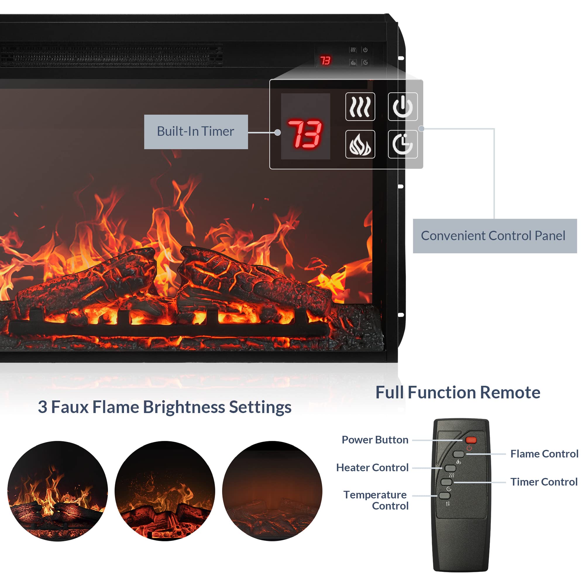 Belleze 23'' Electric Fireplace Insert W/Fire Crackling Sound, Recessed Fireplace Heater With Remote Control, Indoor Fireplace H