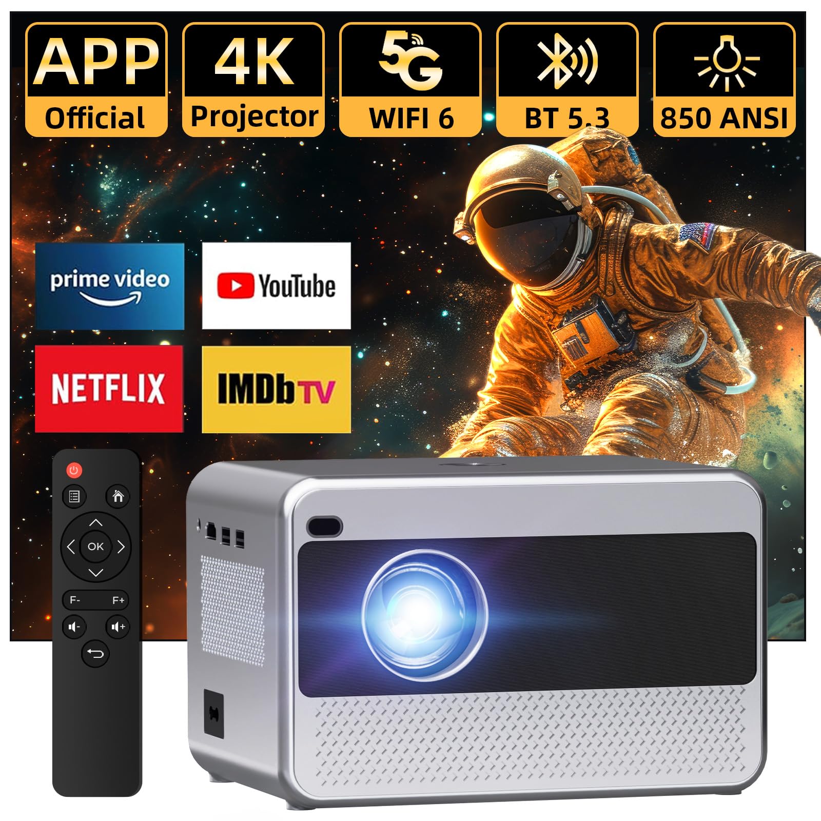 4K Projector Wifi Bluetooth Outdoor: Wifi6 Smart Movie Projector Built In Apps 850 Ansi Bt5.3 Electric Focus 4P4D Ppt Zoom 3D So