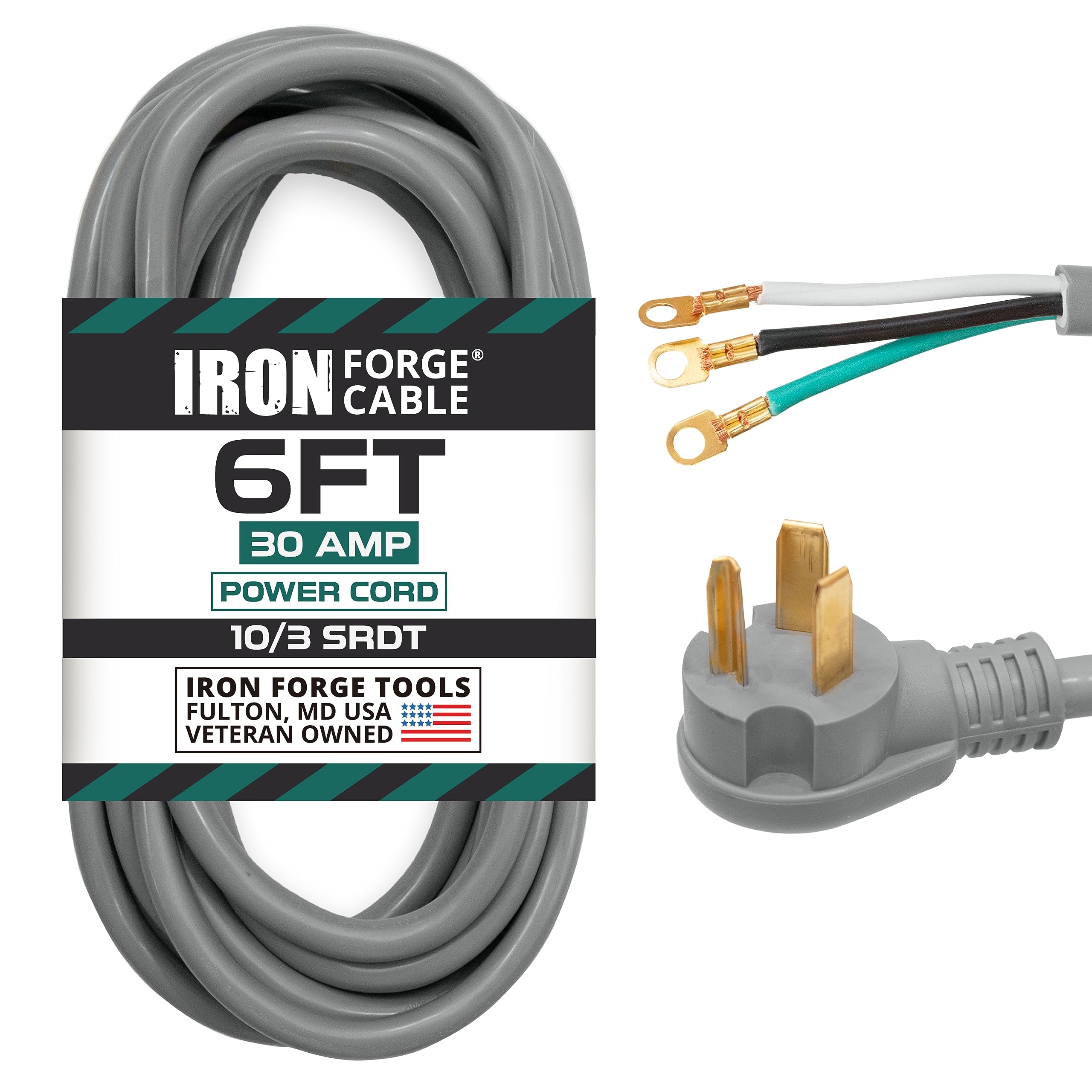 IRON FORGE CABLE 3 Prong Dryer Cord, 6 ft, 10/3 NEMA 10-30, Gray, ETL Certified, 30 Amp Power Cable, Model IFC