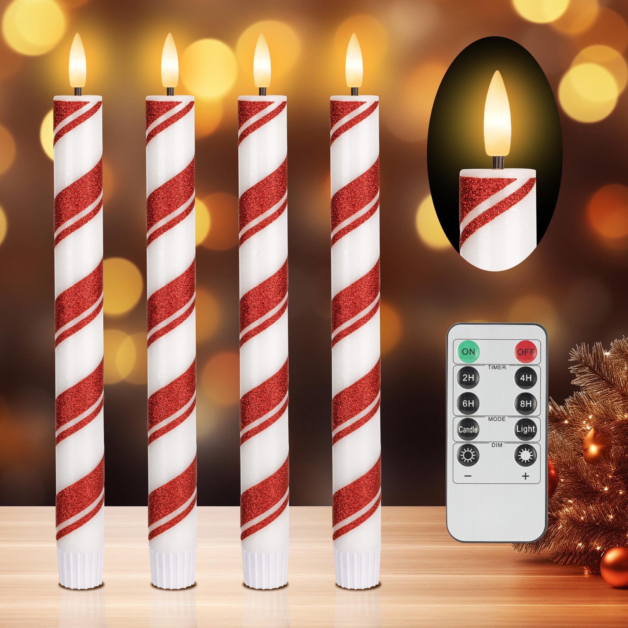 SEHNSY 4 Pcs Christmas Flameless Taper Candles, Red and White Candy Cane Design Battery Operated Candlesticks, LED Christmas Can