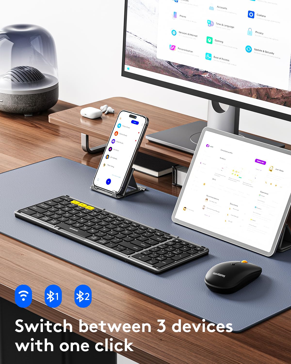 Foldable Keyboard And Mouse, Samsers Folding Bluetooth Keyboard Mouse Combo, 2.4G + Bt5.0 X 2, Full Size Portable Travel Keyboar