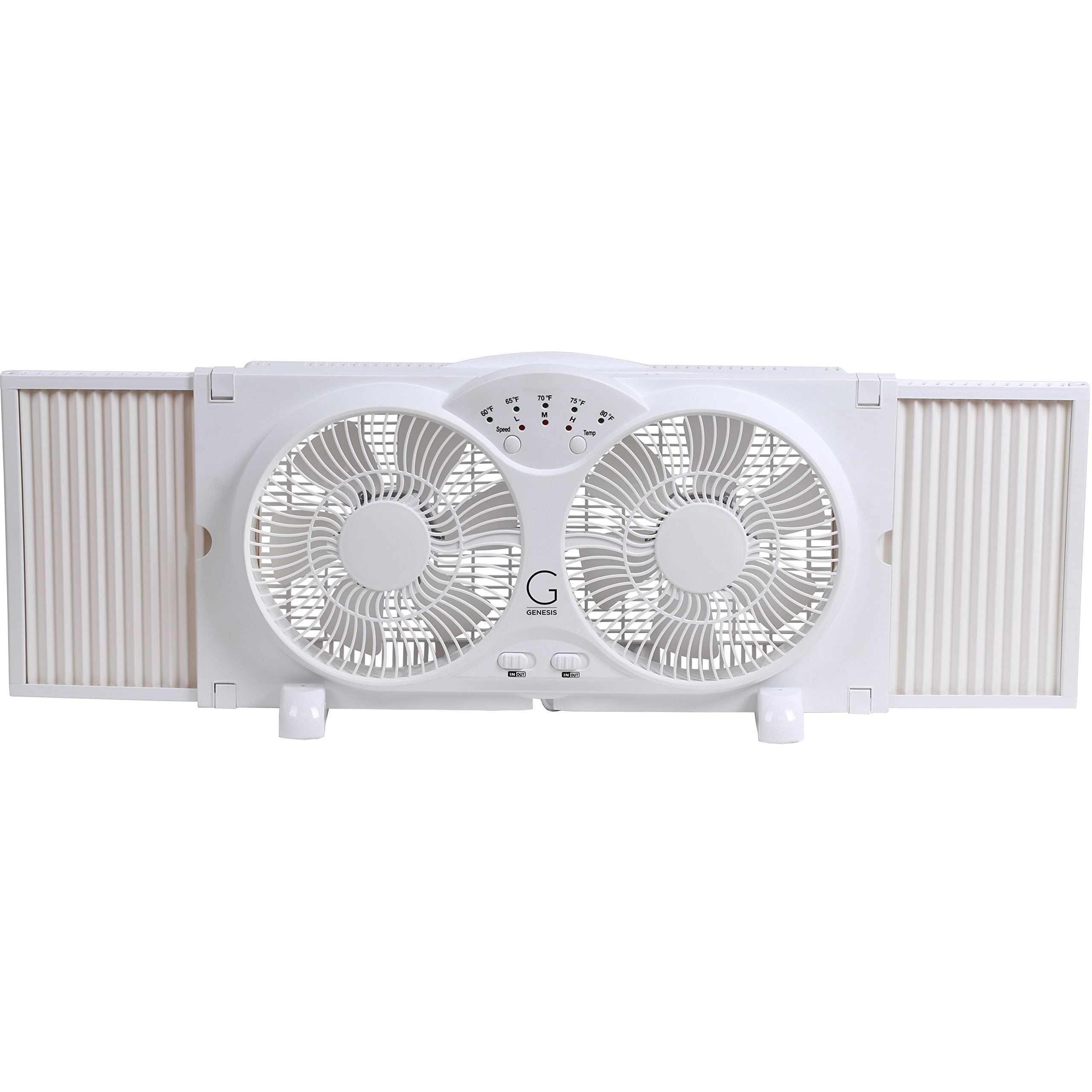 Genesis Twin Fan - High Velocity Reversible AirFlow, LED Indicator, Adjustable Thermostat, 9" Plastic, White, Model A1WINDOWFAN