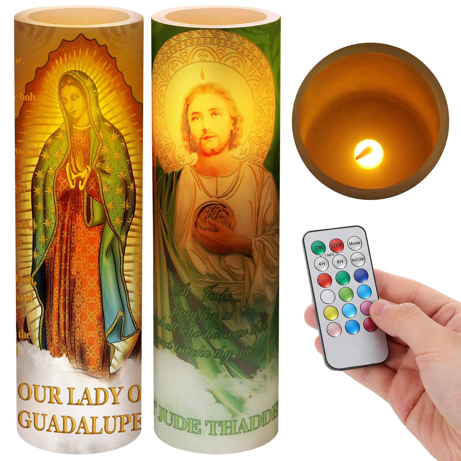 Landhoow 2 Pcs Religious Flameless LED Prayer Candle Real Wax Baptism Candle Set Our Lady of Guadalupe and St. Jude Battery Oper