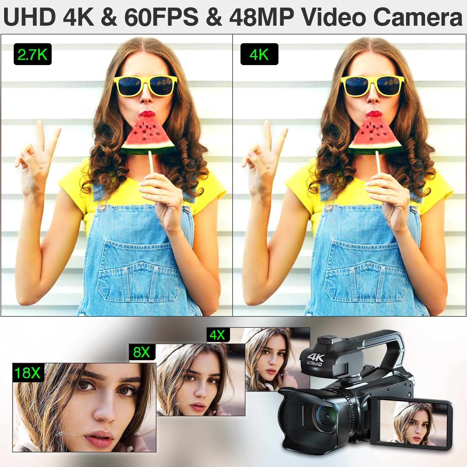 4K Camcorder Video Camera 64Mp Vlogging Camera For Youtube 18X Digital Zoom 4.0 Inch Touch Screen Video Camcorder With Wifi, 450