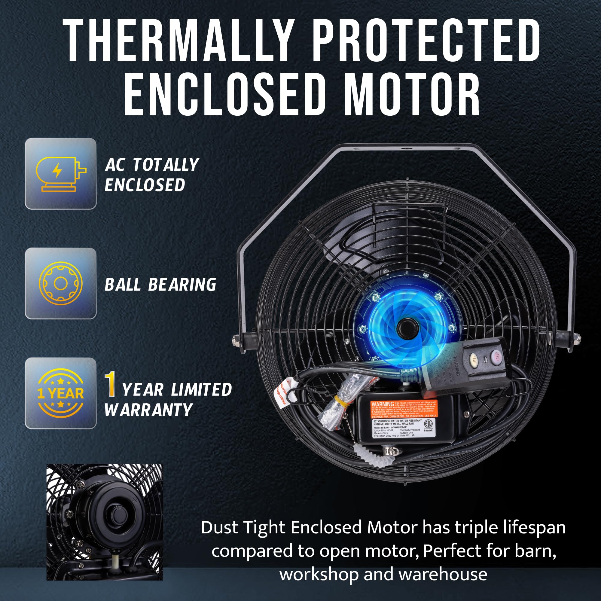 Tornado 12 Inch Outdoor Water-Resistant Wall Mounted Fan Ipx4 Rated 3 Speed High Velocity Meatl Wall Fan For Commercial, Industr