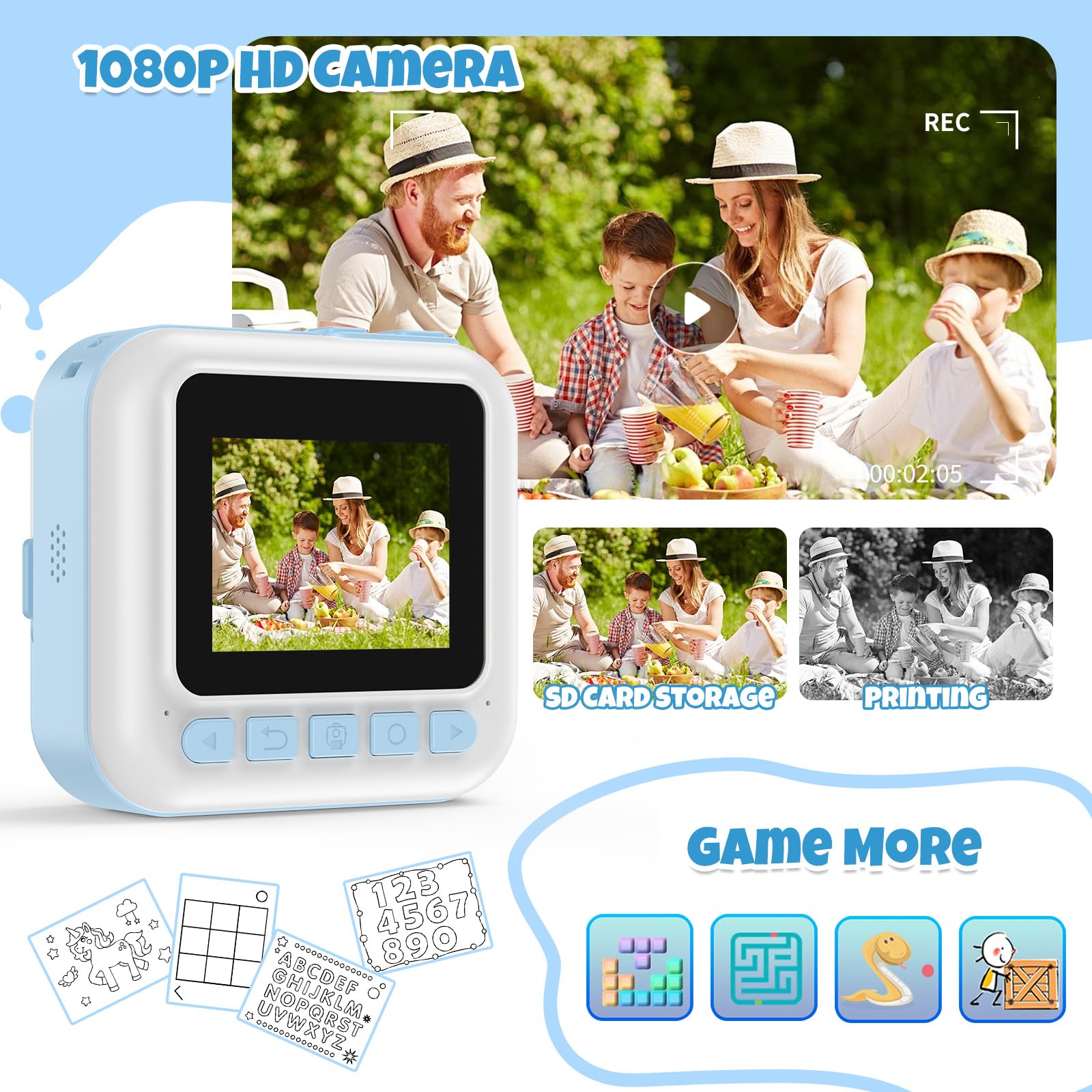 Kid Camera For Boys,Portable Toddler Blue Printing Camera Toy 1080P Video Cameras Children Instant Print Camera For Kids 3 Print
