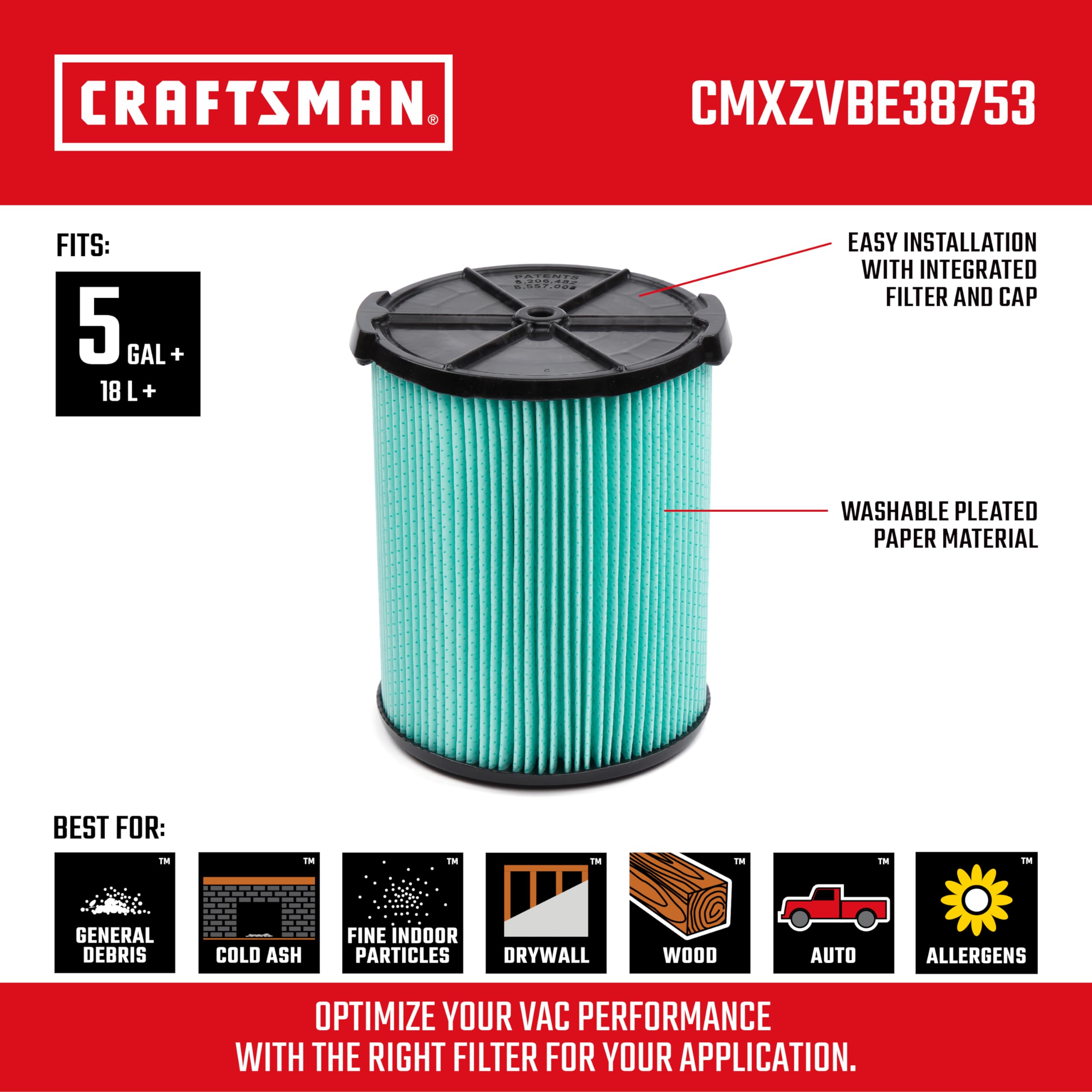 Craftsman Cmxzvbe38753 Genuine Hepa Media Wet Dry Vac Replacement Vacuum Filter For Most 5 To 20 Gallon Craftsman Shop Vacuums,
