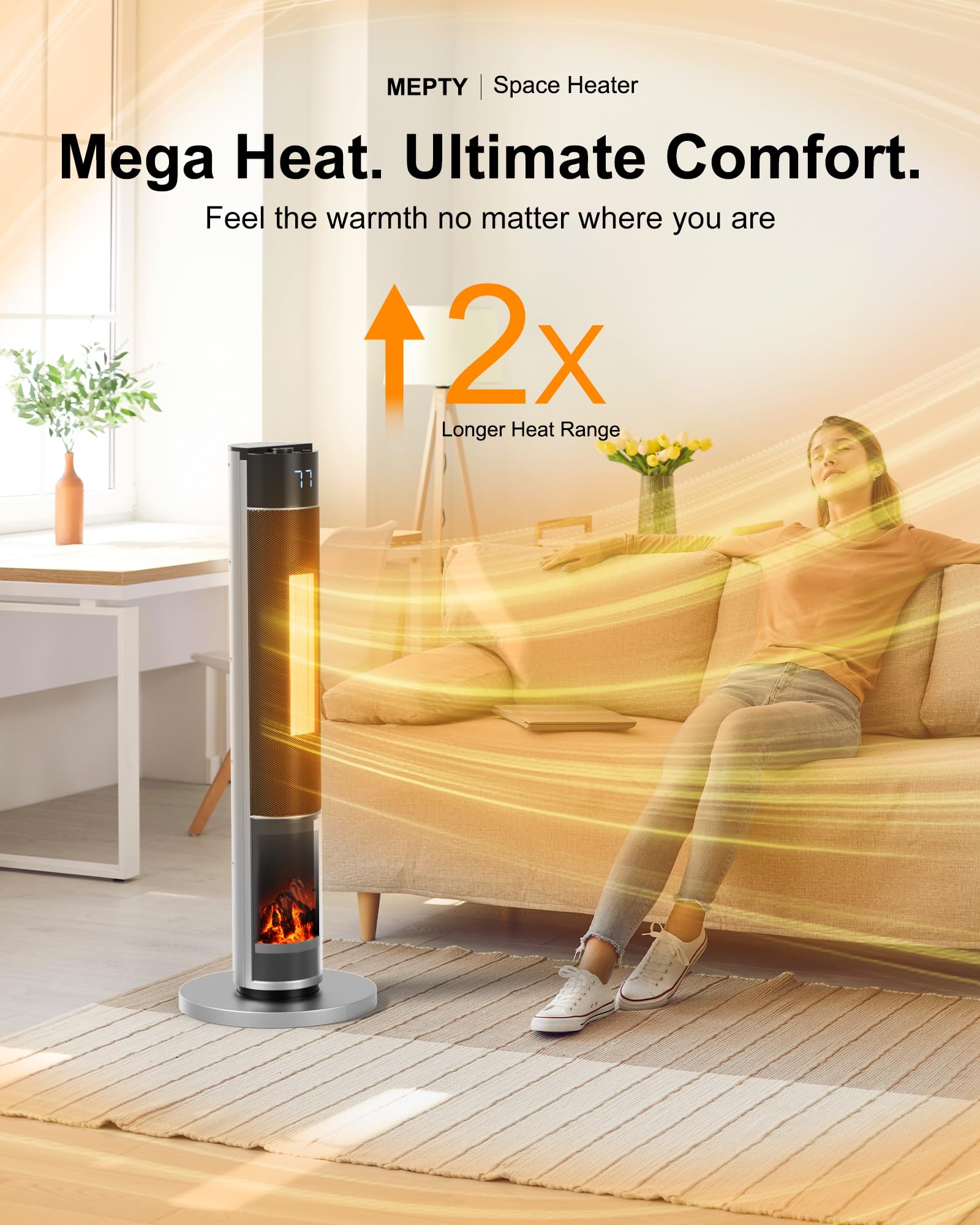 Mepty Space Heater, 1500W Portable Electric Room Heater With Remote, Adjustable Thermostat, Timer, Tip-Over Protection, 80 Oscil