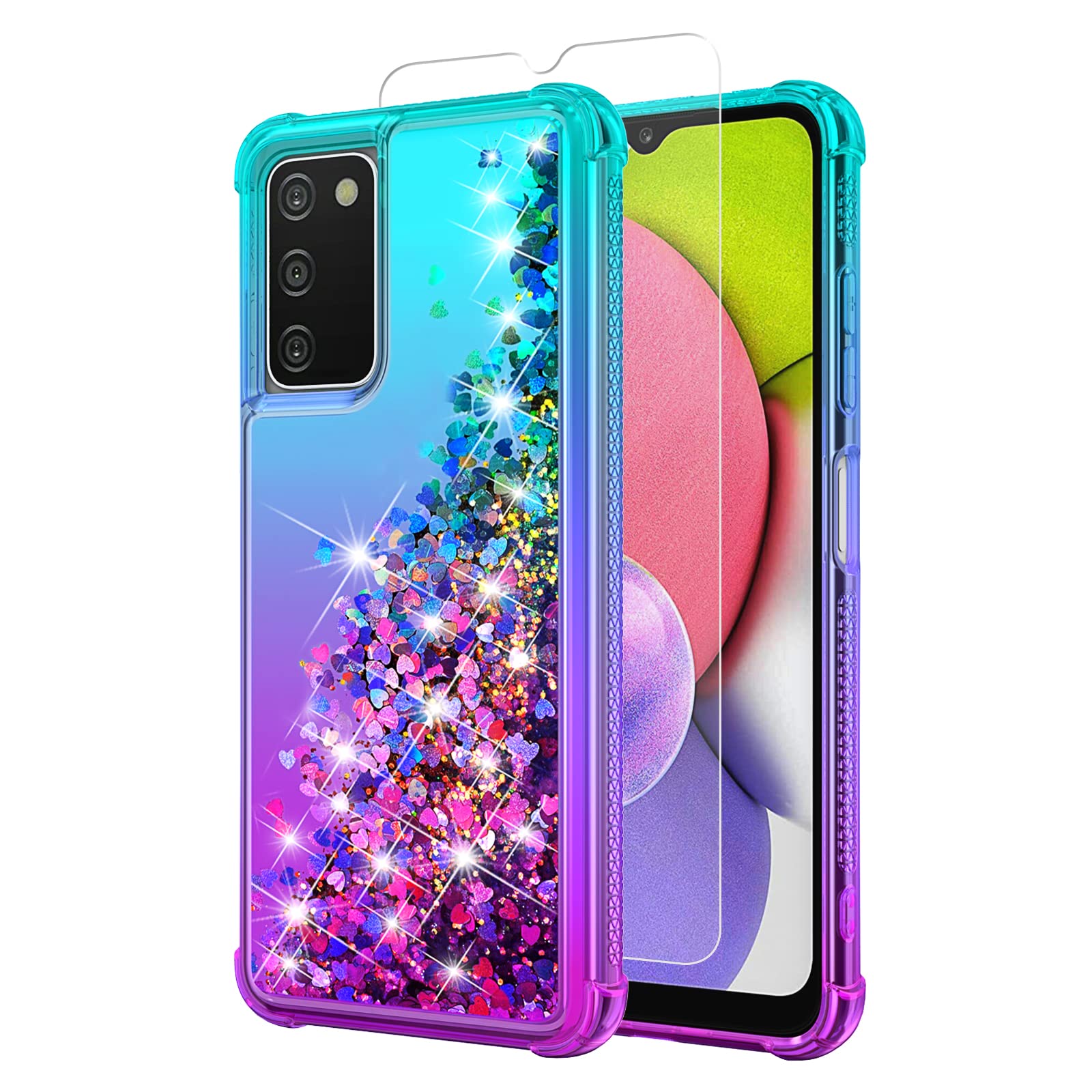 Yzok For Galaxy A03S Case,Samsung 03S Case With Hd Screen Protector,Gradient Quicksand Glitter Liquid Floating Waterfall Durable