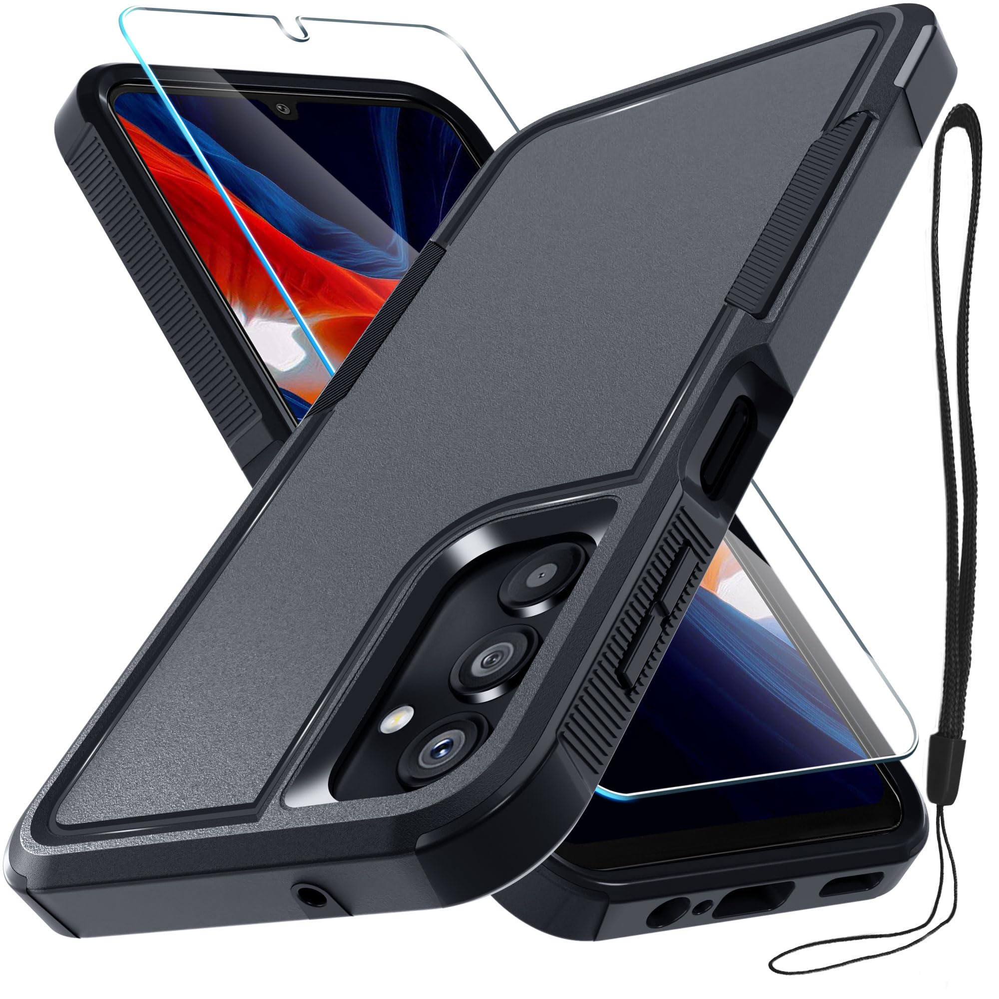 For Samsung Galaxy A25 Case, Full Body Heavy Duty Rugged Shockproof Protective Phone Cover With Lanyard Strap, Tempered Glass Sc