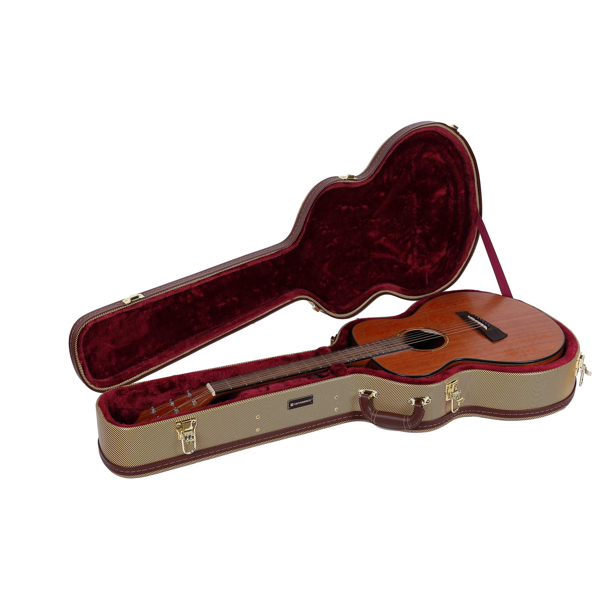 Crossrock Hard Shell Wooden Case Fits Om/000 14 Fret Acoustic Guitars Stainless Steel Latches, Sponge Lining, Metal Feet, Storag