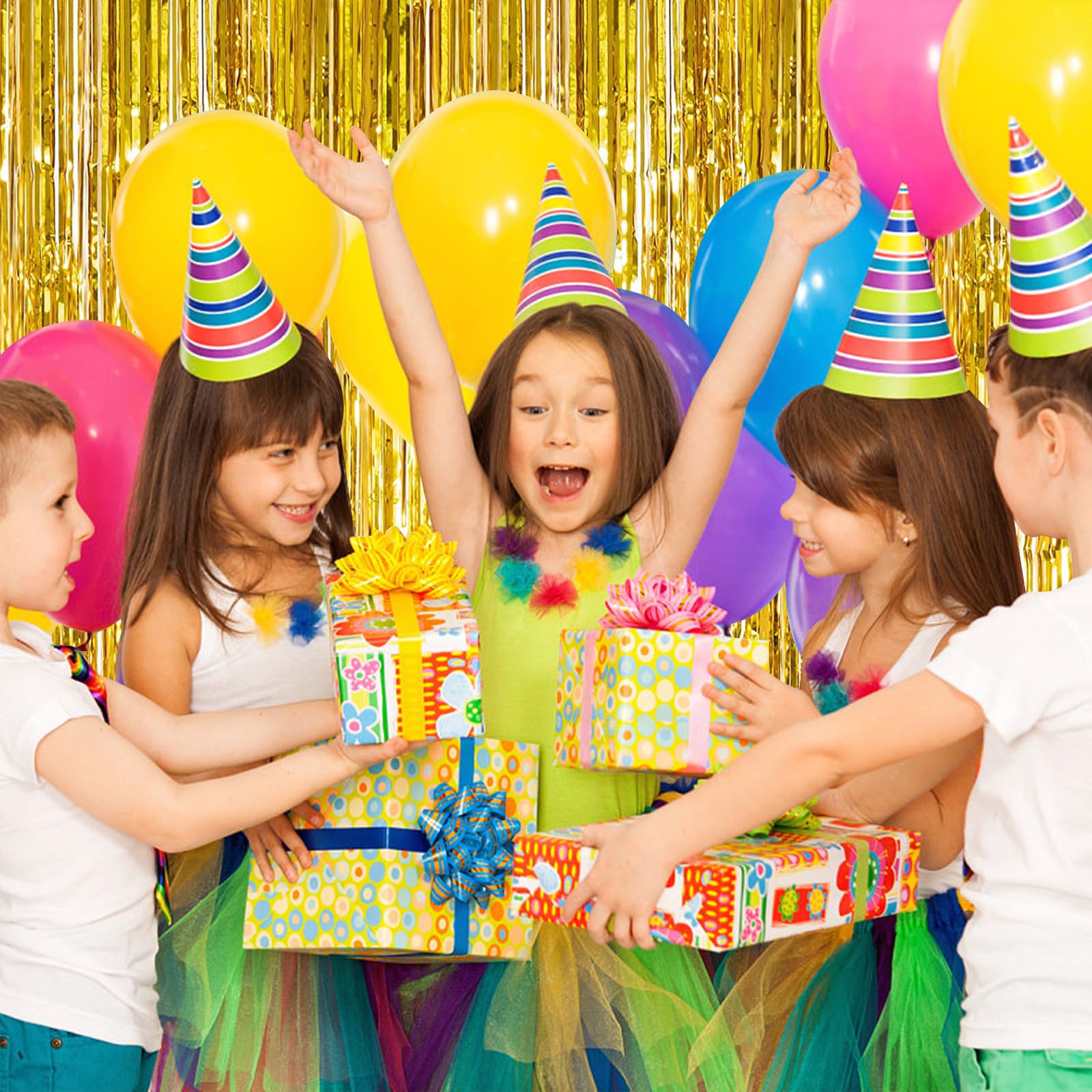 10 Pack Gold Backdrop Curtain 3.2Ft X 8.2Ft Metallic Tinsel Foil Fringe Curtains Photo Booth Background For Birthday Party Decor