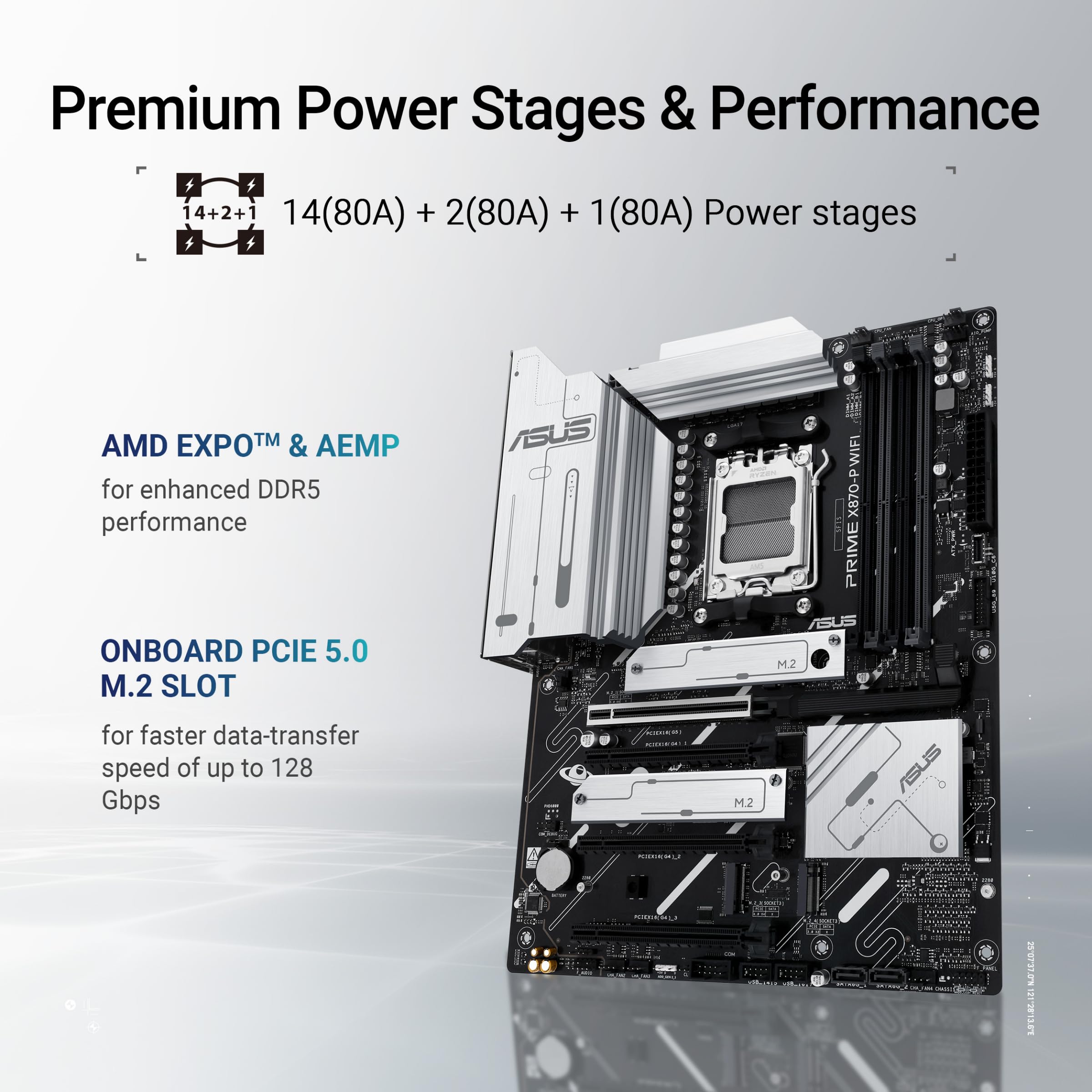 Asus Prime X870 P Wifi Amd Am5 X870 Atx Motherboard 14+2+1 80A Drmos Power Stages, Ddr5, Pcie 5.0, Pcie 5.0 X16, Q Release, 4X M
