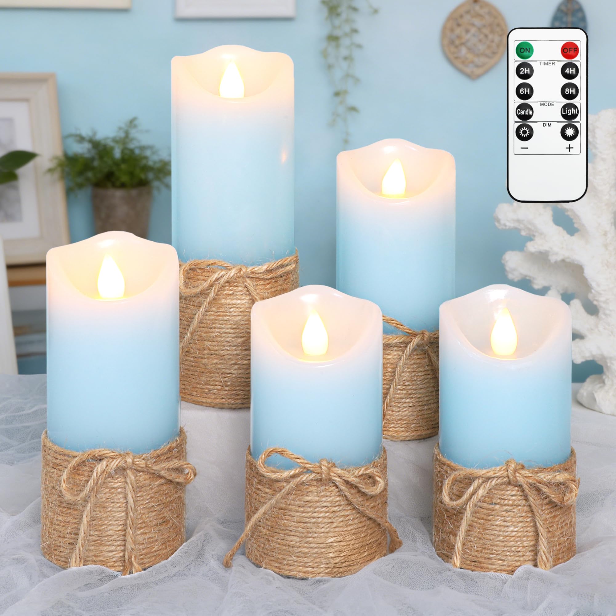 Crystal Club Blue Flameless Candles, Set of 5 Battery Operated LED Pillar Candles with Timer, Real Wax Candle Set with Remote fo