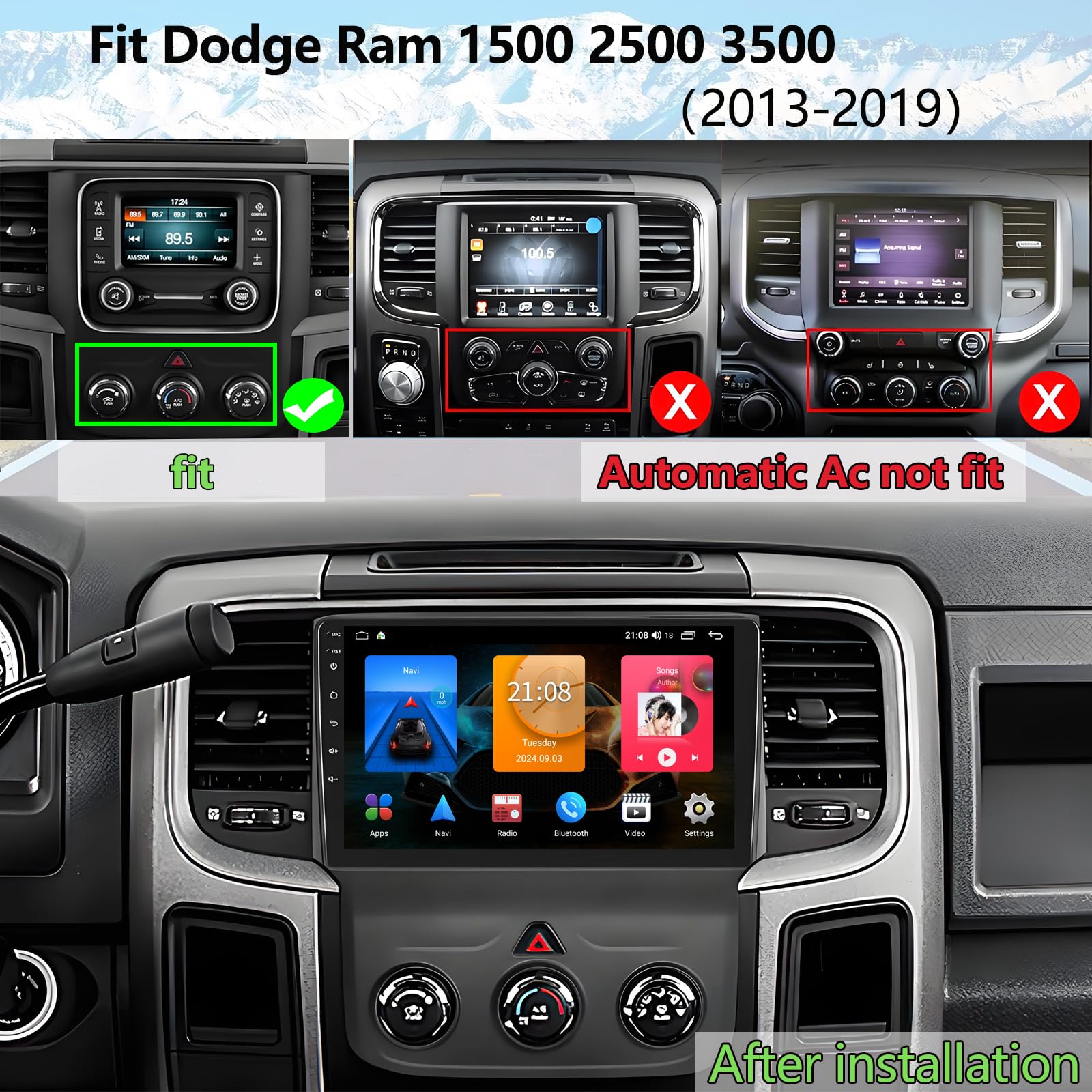 For Dodge Ram 1500 Radio Upgrade 2013-2019: Android 14 Car Stereo Replacement With Wireless Carplay Android Auto - 9 Inch Touchs