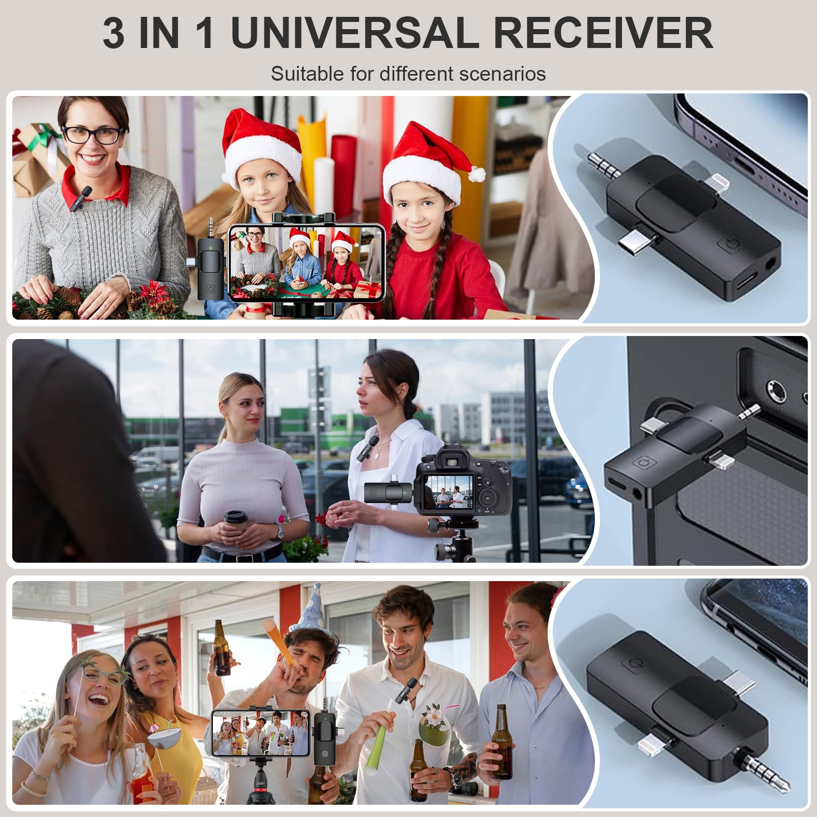 3 In 1 Wireless Microphone For Iphone, Camera, Iphone Mic, Usb C Microphone, Wireless Lavalier Microphone, Professional Mini Mic