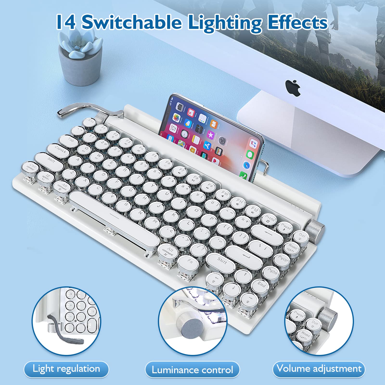 Adventurers Retro Typewriter Keyboard, 75% Layout 83 Keys Wireless Keyboard With Blue Switch,Bluetooth 5.0 And Multi Device Swit