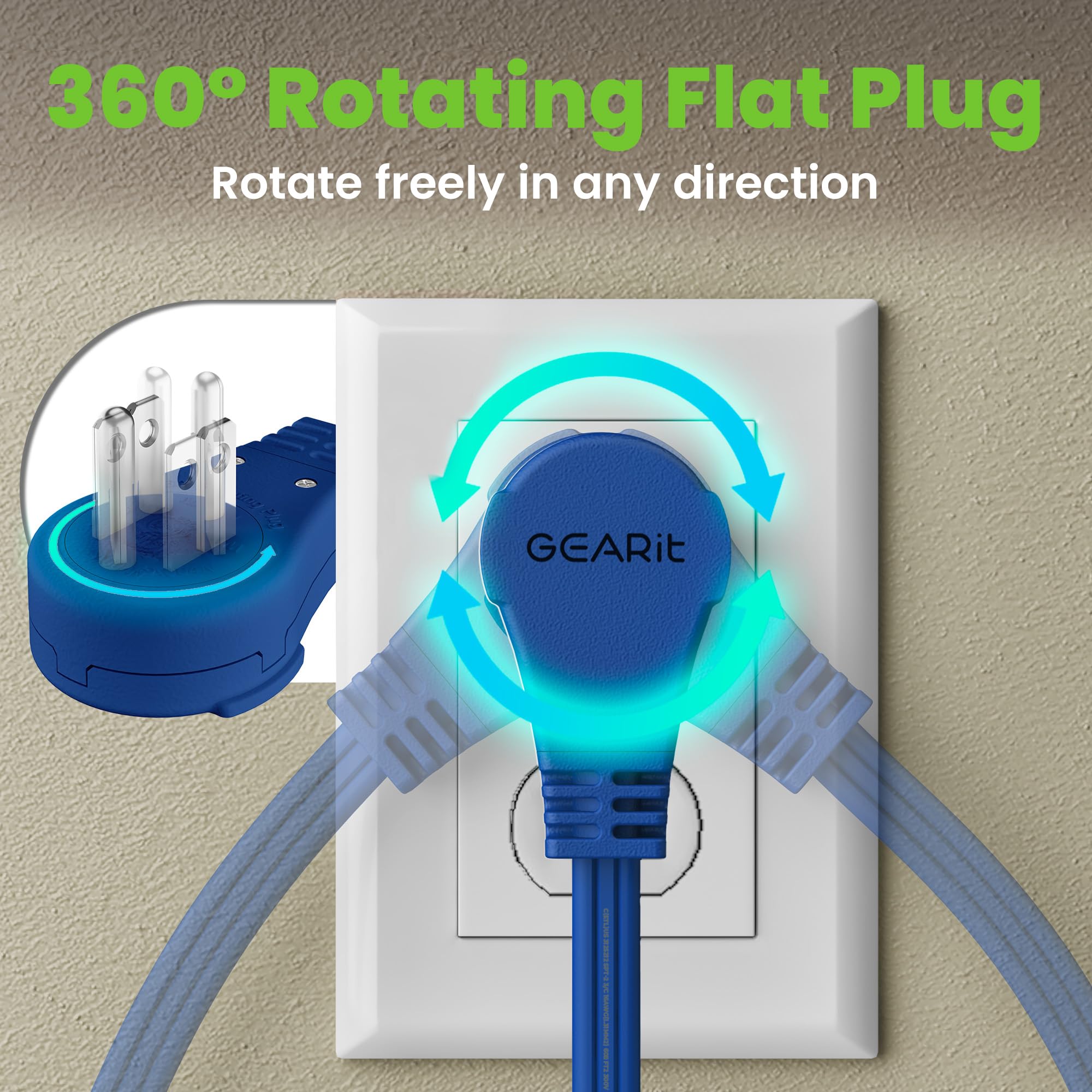 Gearit 360 Rotating Flat Plug Extension Cord With 3 Outlets (15Ft, Navy) 16Awg/13A 3 Prong Wire, Outlet Saver For Home Office Do