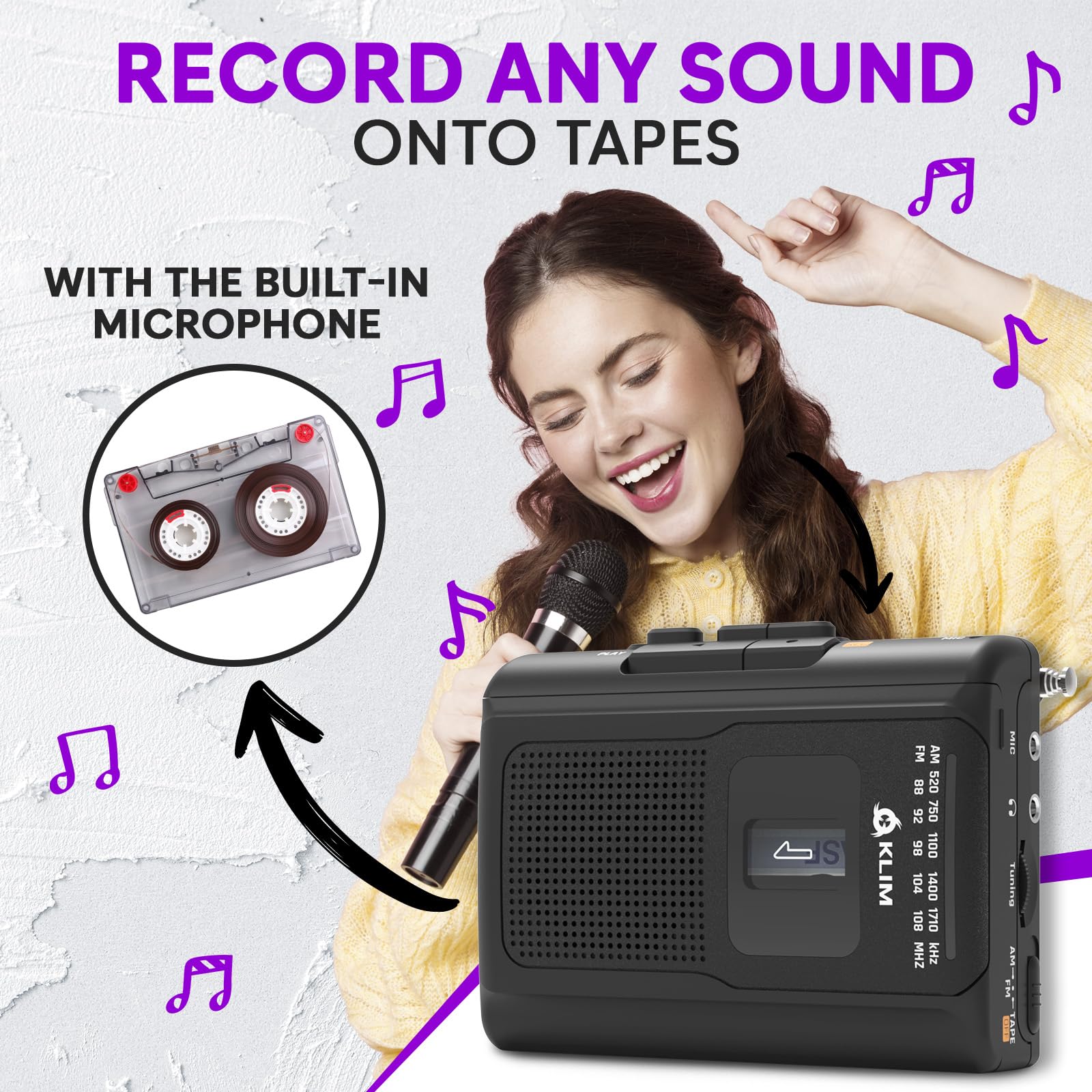 Klim K8 Cassette Tape Player Portable + Cassette Recorder + New + Am/Fm Walkman Cassette Player + Built In Microphone & Speaker