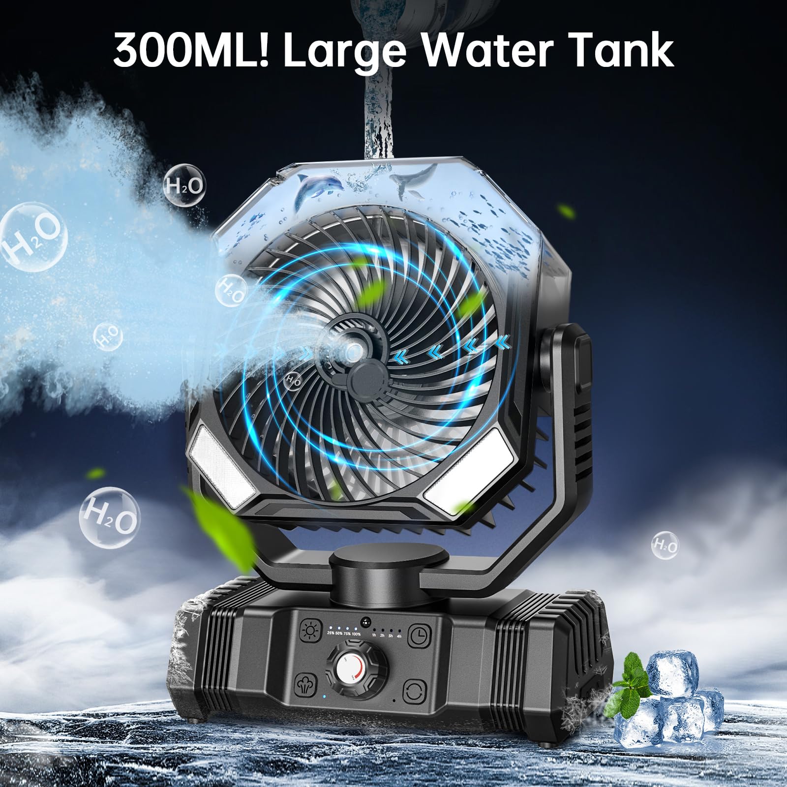 Sweetfull Portable Misting Fan Rechargeable, 20000Mah Battery Powered Camping Fan With 300Ml Water Tank & Led Lanter, Remote Aut