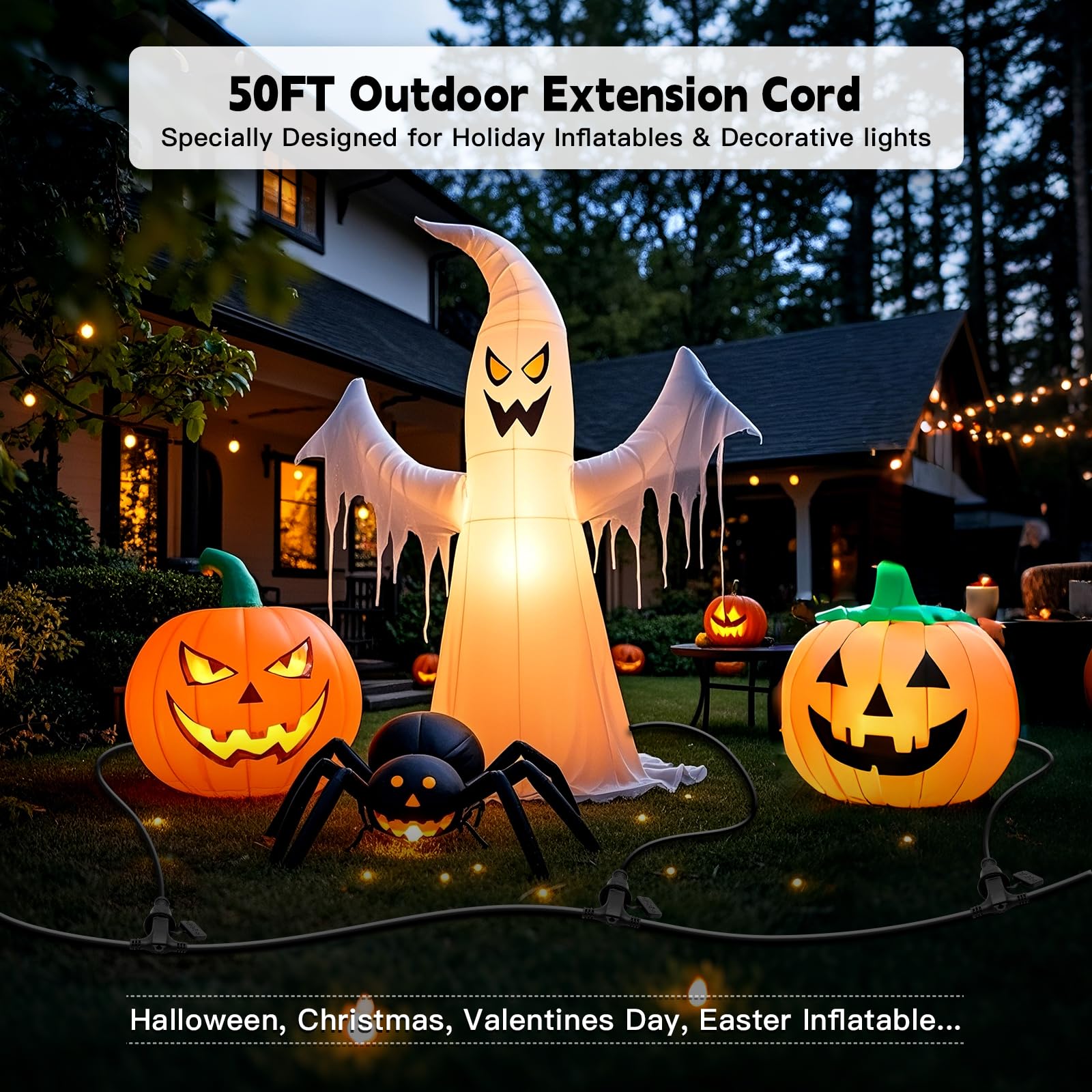 50Ft Outdoor Extension Extension Cord For Halloween Christmas Inflatables With Multiple Outlets Black Electrical Cord With Multi
