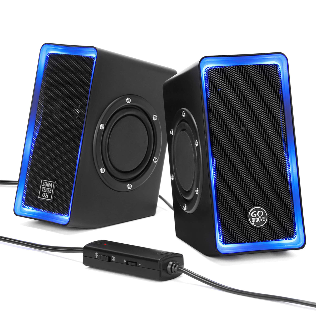 GOgroove Gaming Computer Speakers with Blue LED Light - SonaVERSE O2i Speakers for Desktop, Laptop, PC - USB Speaker 2.0 with AUX Input, in-Line Volume Control, Bass Stereo Sound, 14W (Black)