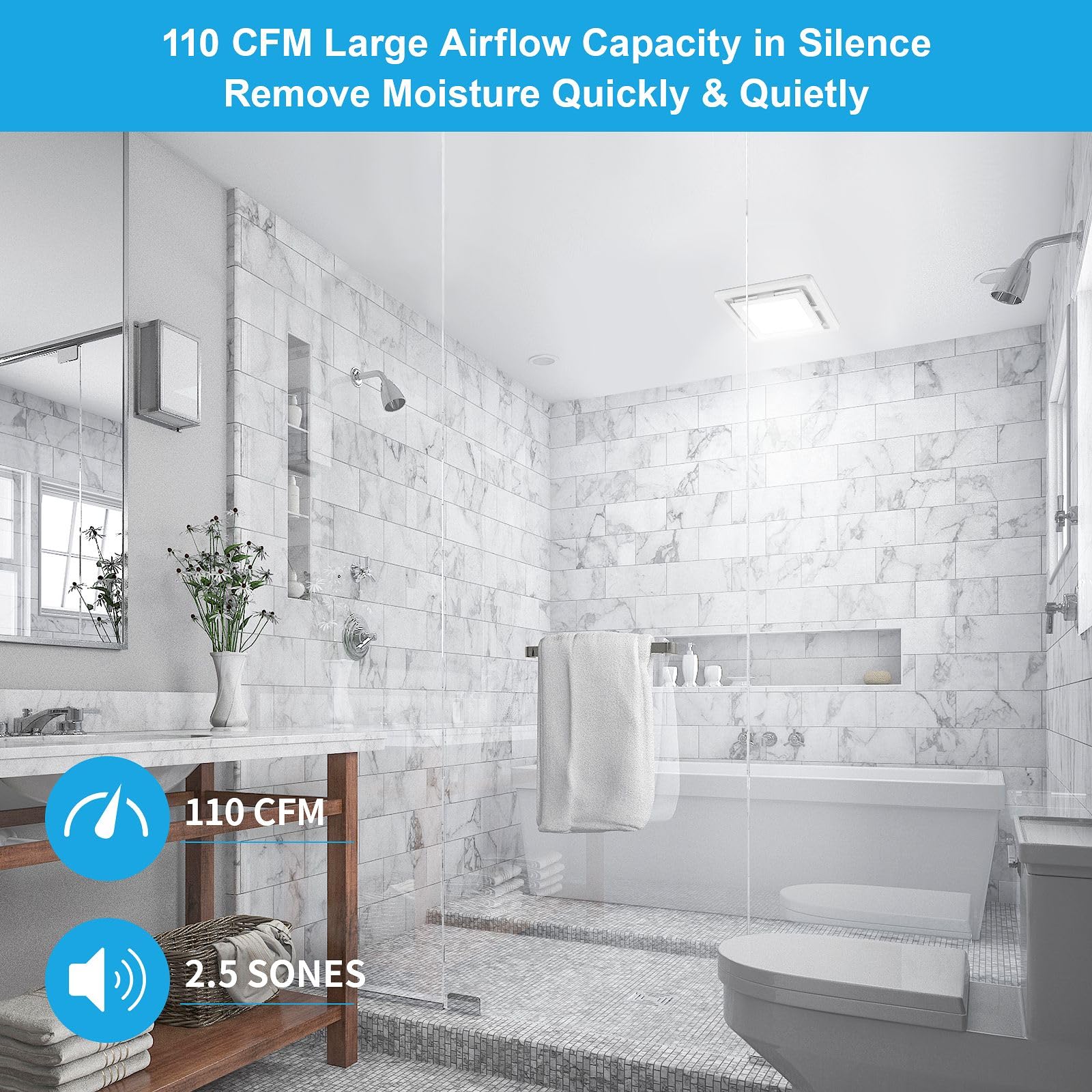 Joeaonz Bathroom Exhaust Fan With Light 110 Cfm Quiet 6500K 800Lm Household Ventilation Fan Light Combo, Energy Saving Ceiling M