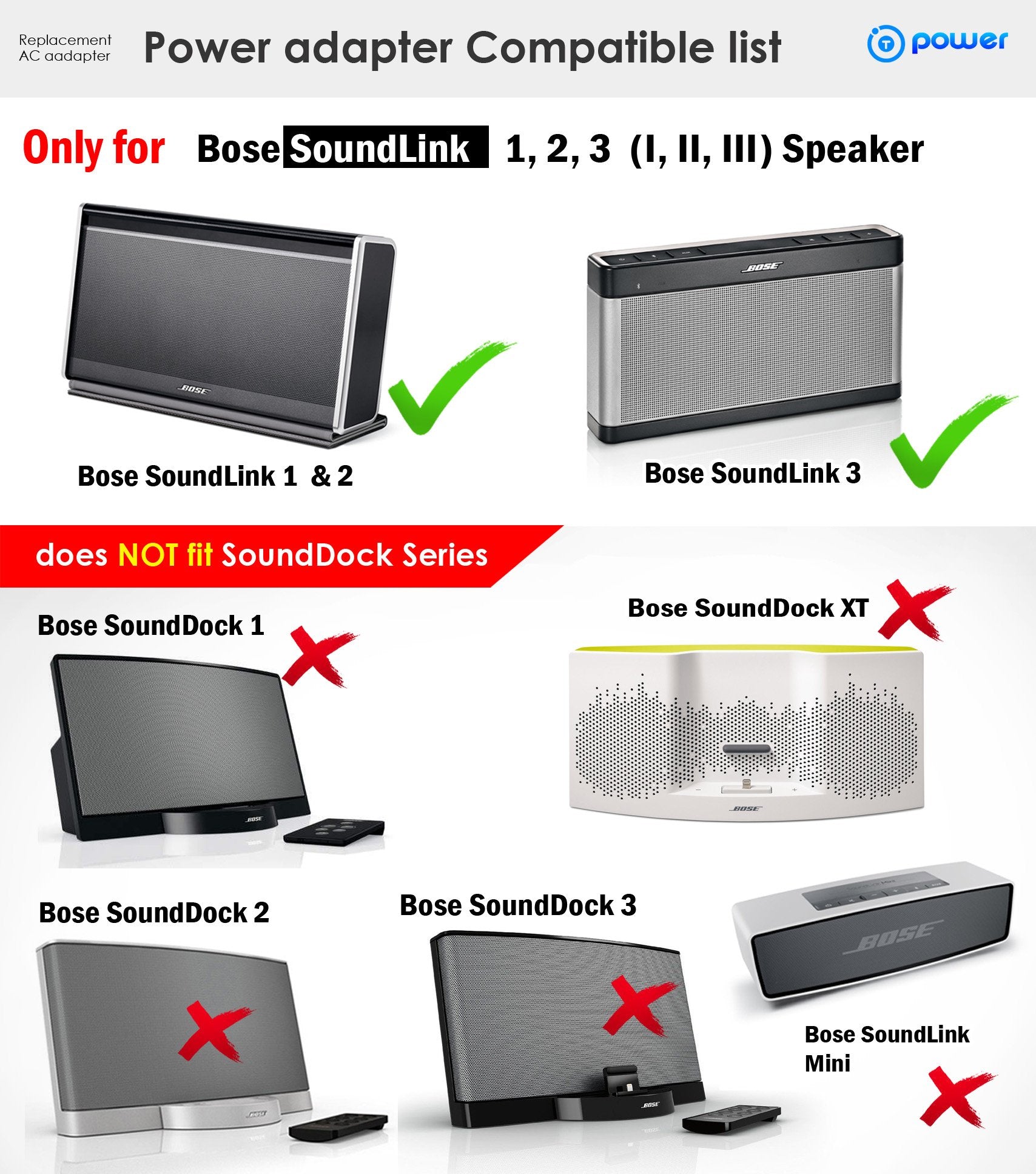 T Power Ac Dc Adapter 17V20V For Bose Soundlink I, Ii, Iii, 1, 2, 3 Portable Sound Link Wireless Mobile Speaker System 10 306386