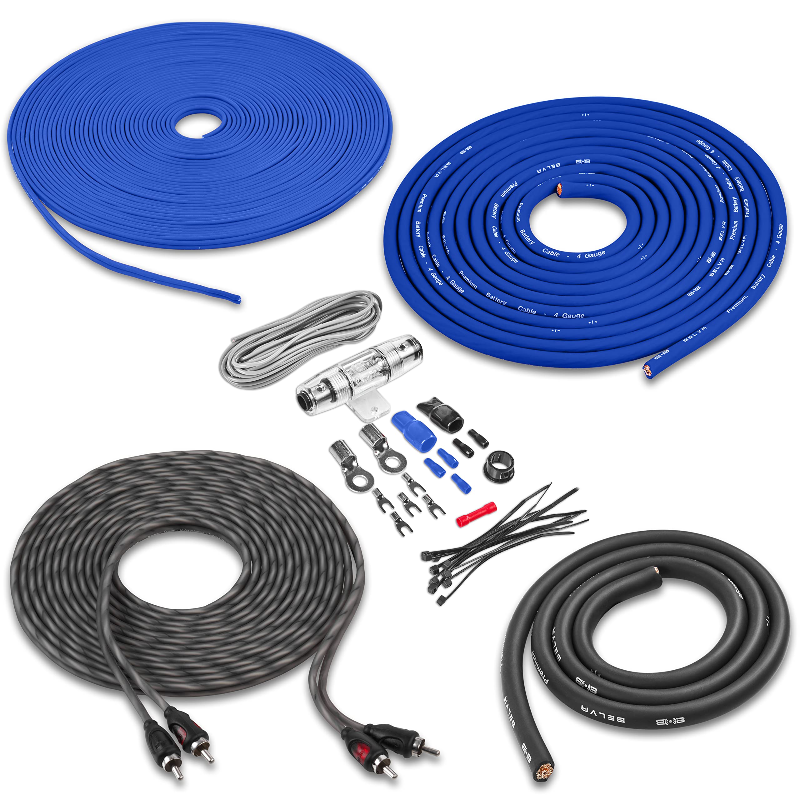 Belva True 4 Gauge Awg Premium Cca Complete Amplifier Wiring Kit With Ofc 2 Channel Rca Cable   Bak42Bl Blue