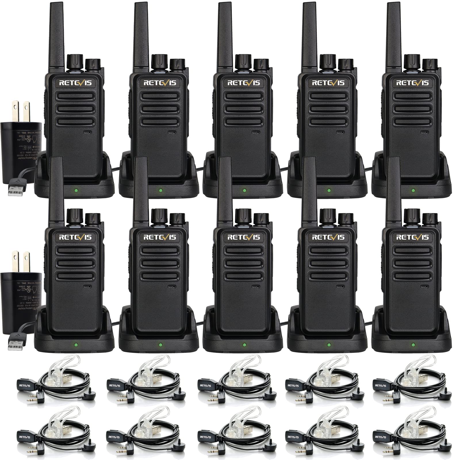 Retevis Rt68 Two Way Radios Long Range, Walkie Talkies For Adults, 2 Way Radio With Earpiece, Walkie Talkie Rechargeable With Charging Base, For Manufacturing Restaurant Business School(10 Pack)