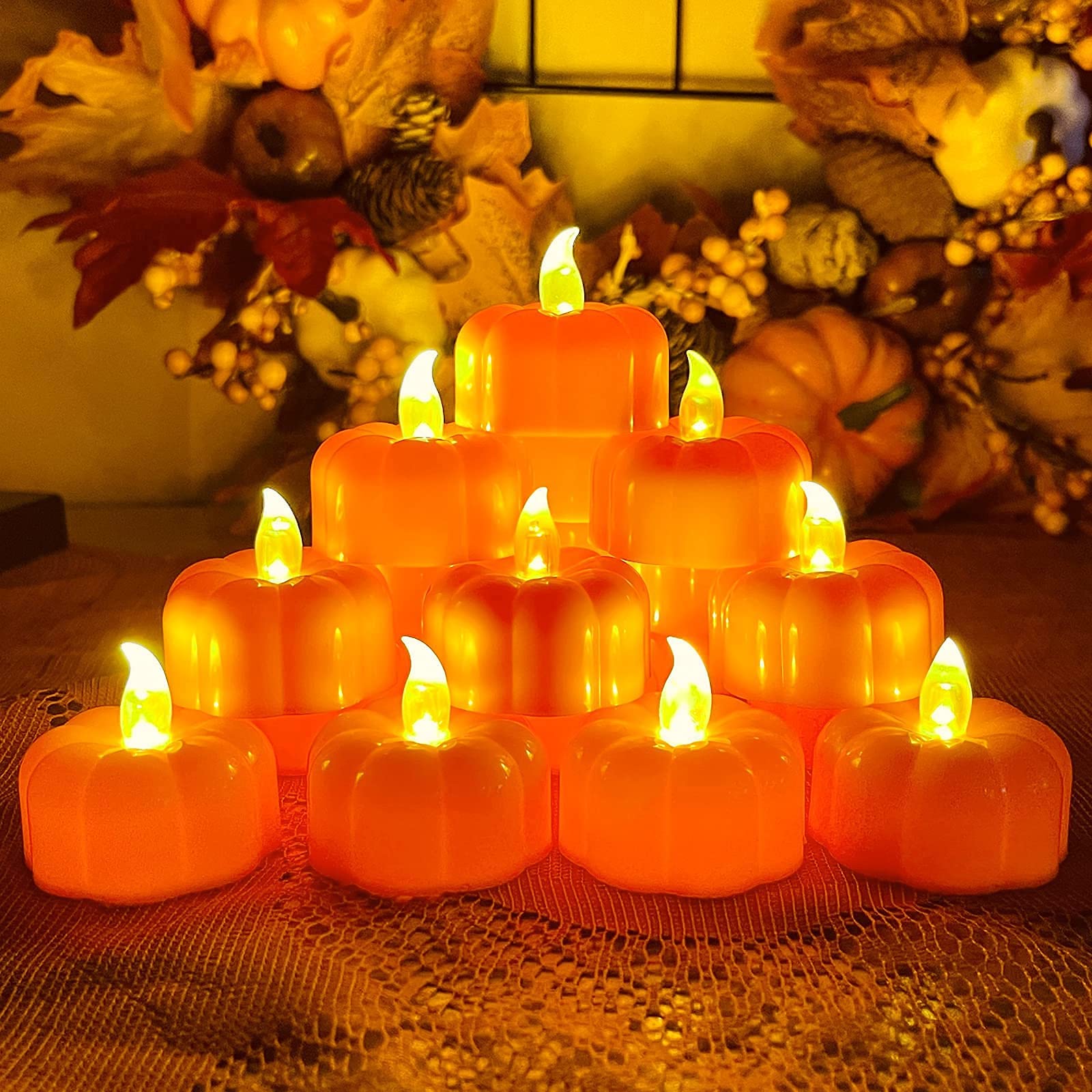 Turnmeon 12 Pack Fall Pumpkin Tea Lights, Led Pumpkin Flame Less Candles Battery Operated Fall Decoration Flickering Candles For