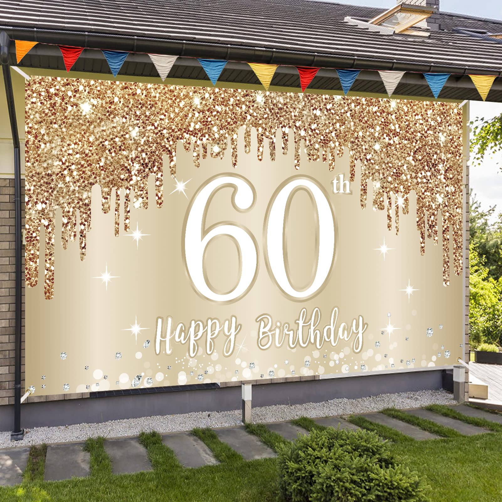 Happy 60Th Birthday Banner Backdrop Decorations For Women, Gold White 60 Birthday Sign Party Supplies, Sixty Year Old Birthday P