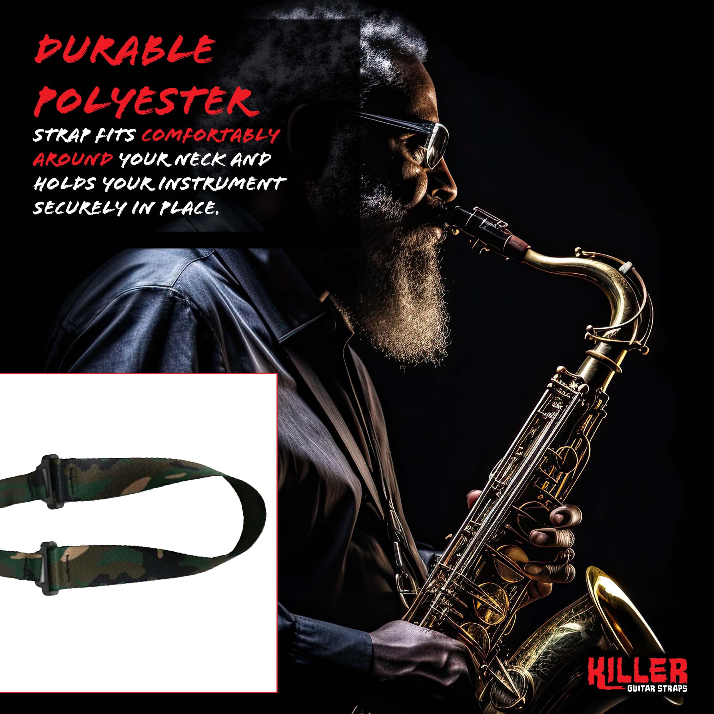 Killer-Q Saxophone Strap - Stylish Quick Release, Adjustable Sax Neck Straps, Woodland Camo Design