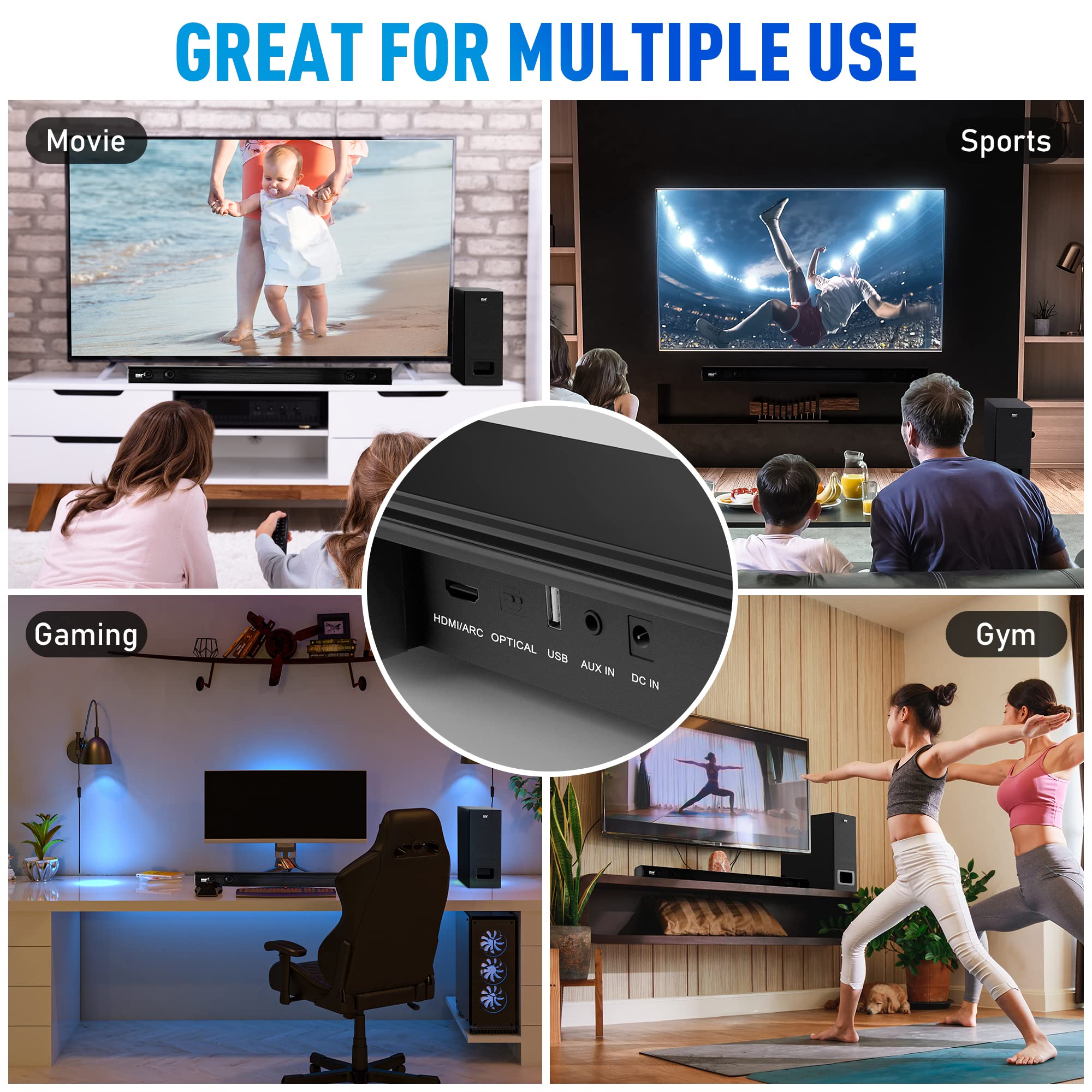 Pyleusa 2.1 Channel Tv Soundbar Speaker - Wireless Bluetooth 500W 35 Sound Bar Home Theater Stereo System W/Subwoofer, Hdmi-Ar