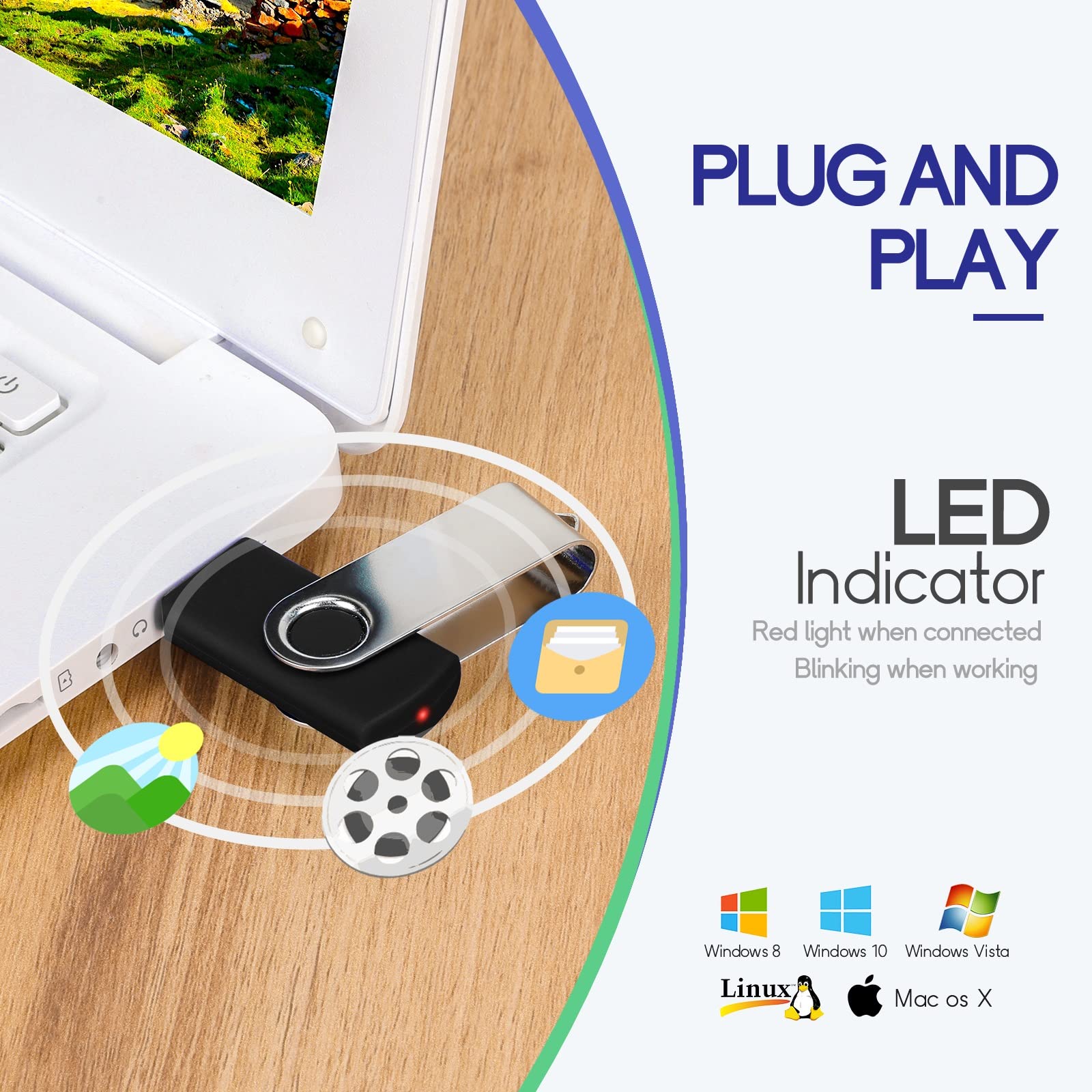 10 Pack 8Gb Usb 2.0 Flash Drive Memory Stick, Vuefamy Swivel Thumb Drives Bulk For Data Storage With Lanyards And Removable Labe