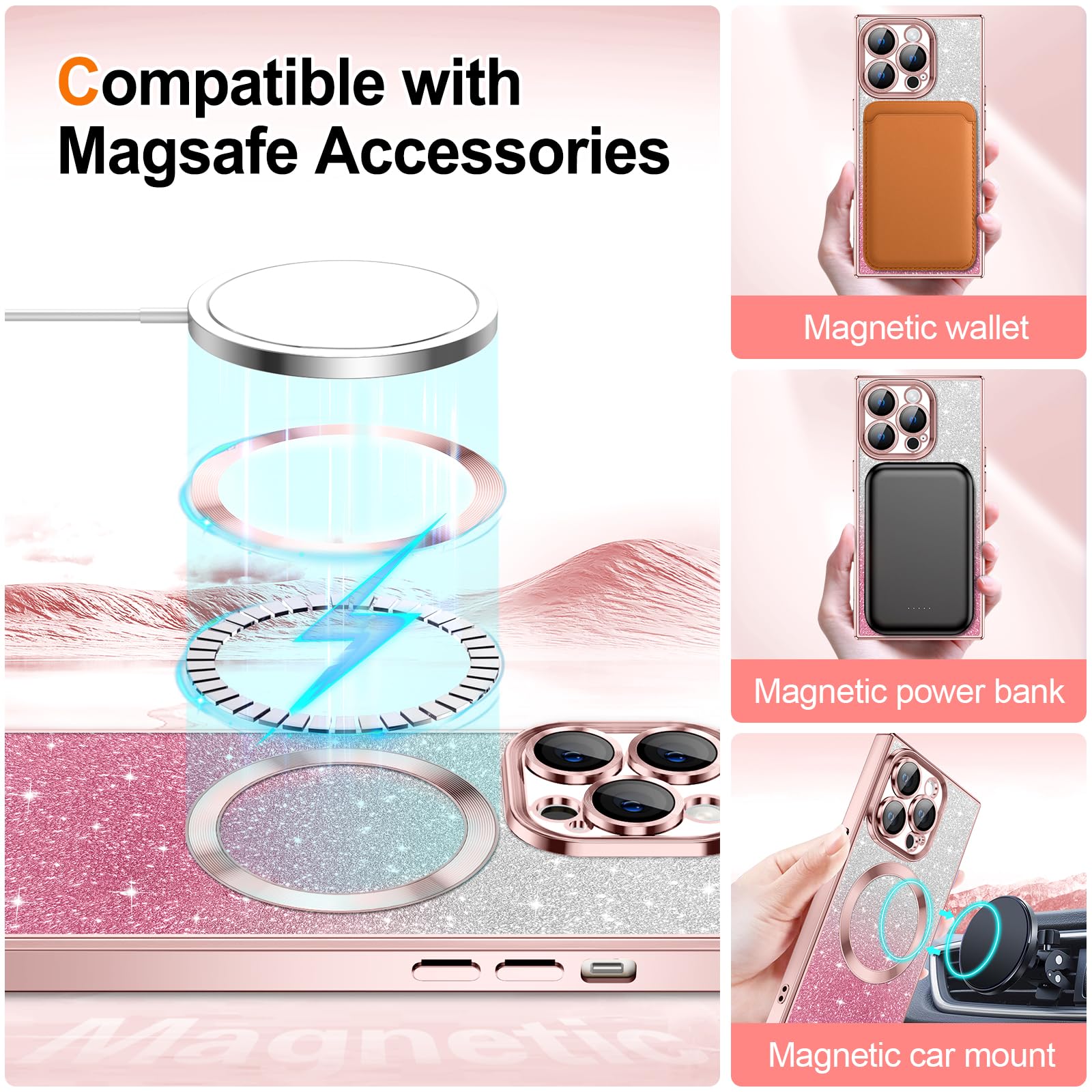Hython For Iphone 13 Pro Case Clear Magnetic Glitter Phone Cases [Compatible With Magsafe] Full Camera Lens Protector Gradient S