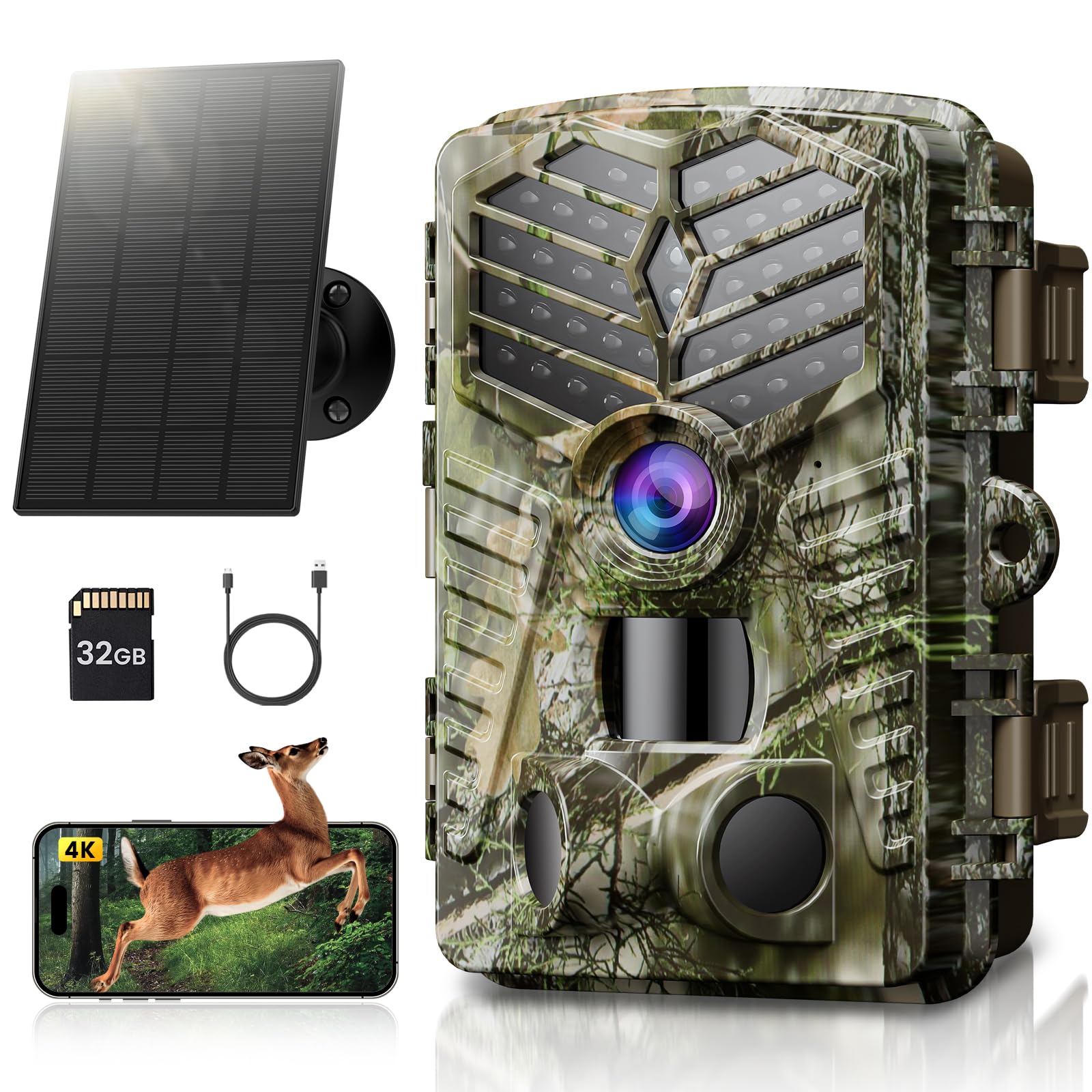 Solareye Trail Camera Wifi - Solar Powered 4K 64Mp Game Cameras With Night Vision Motion Activated Waterproof With 32Gb Micro Sd